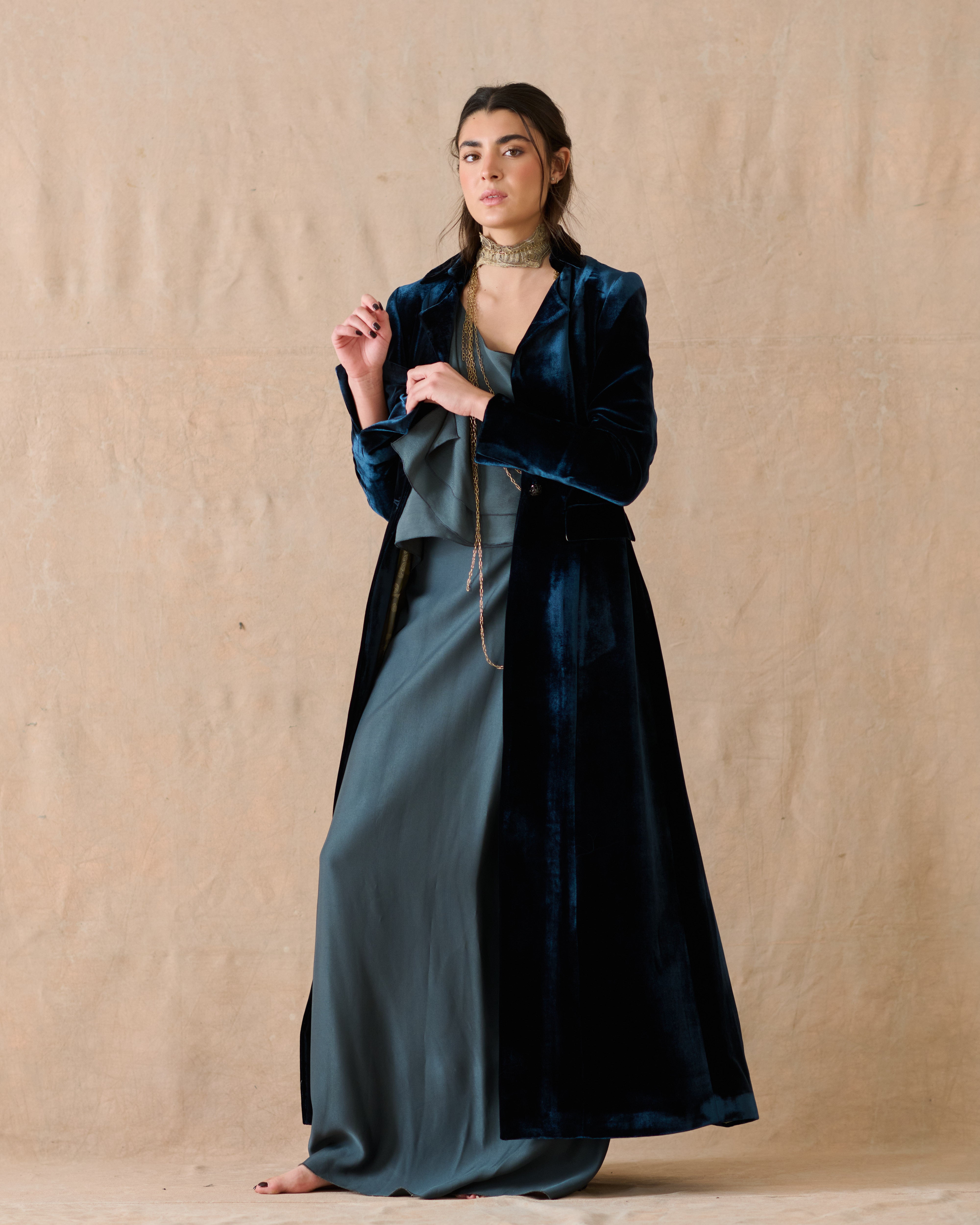 Silk Velvet Classic Coat - Night Blue