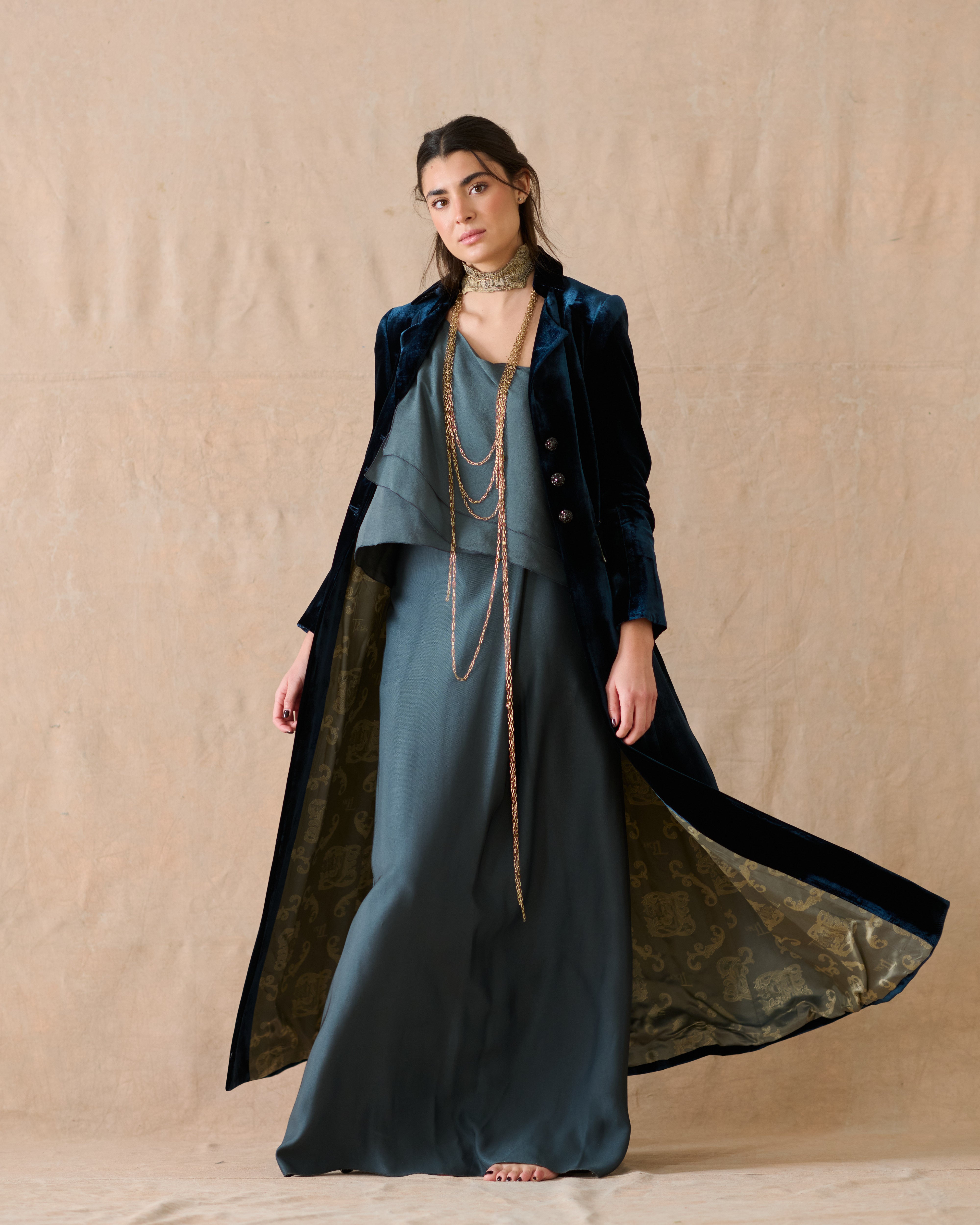 Silk Velvet Classic Coat - Night Blue