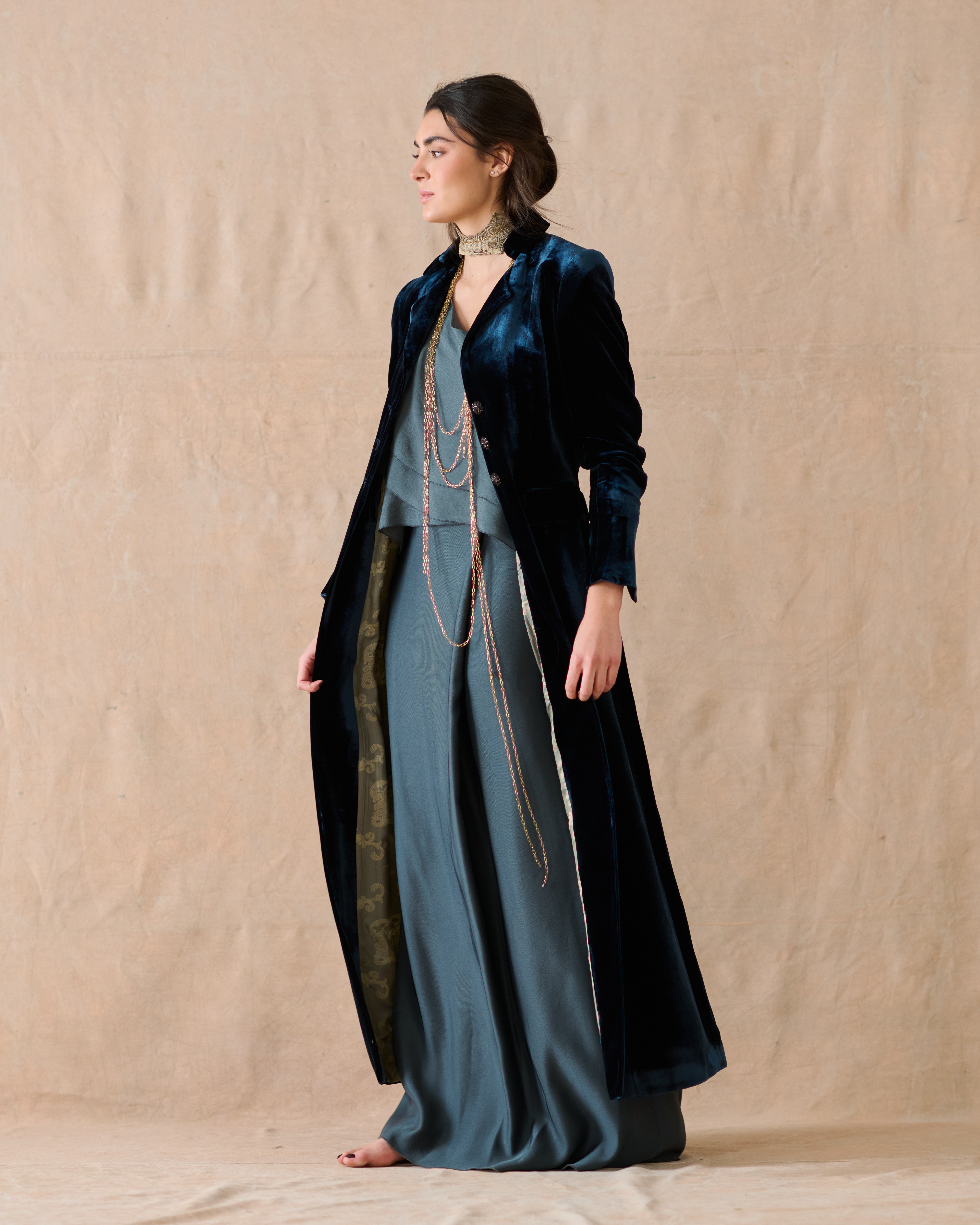 Silk Velvet Classic Coat - Night Blue