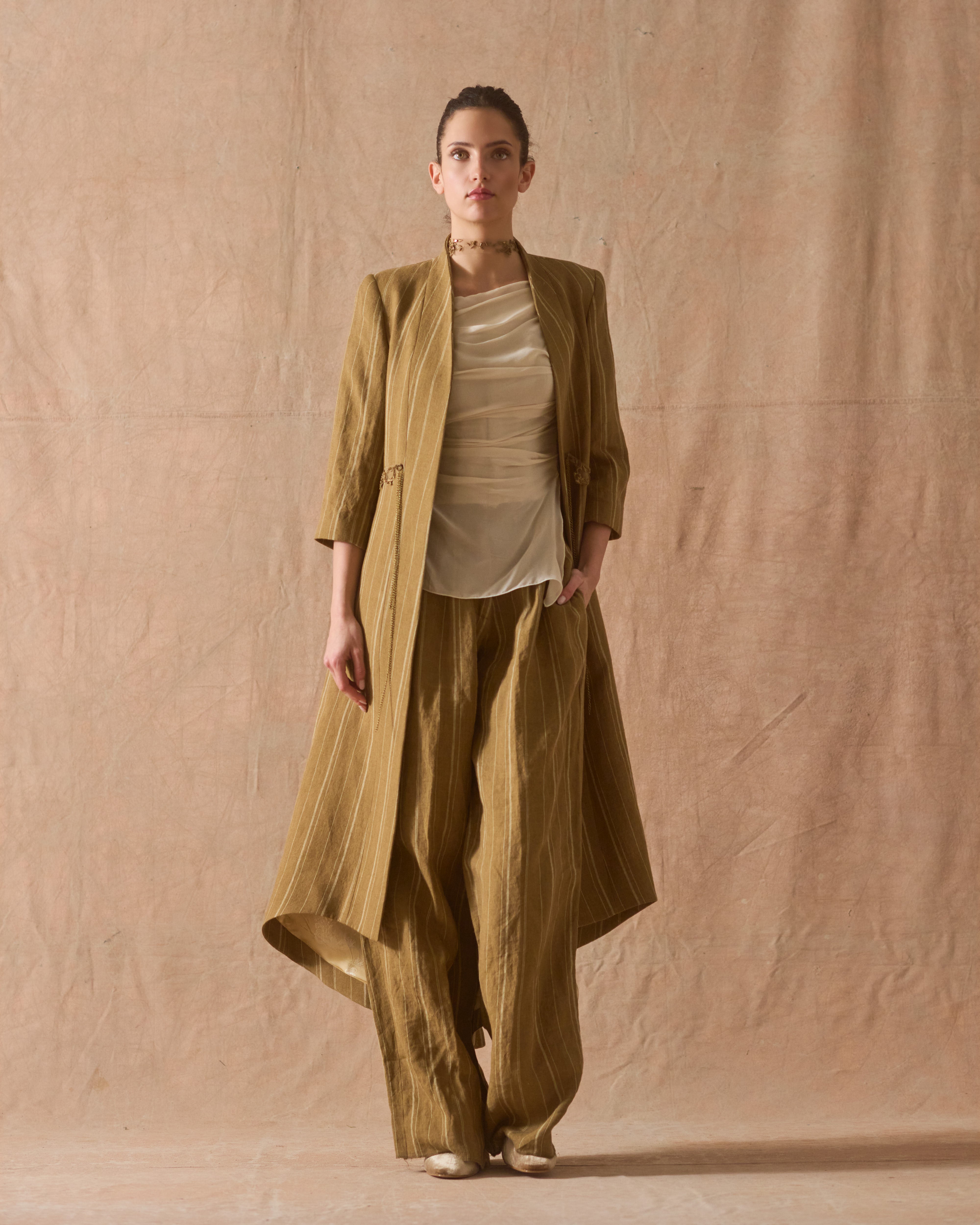 Abrigo Ginebra Birdie de seda rústica - Rayas Toffee