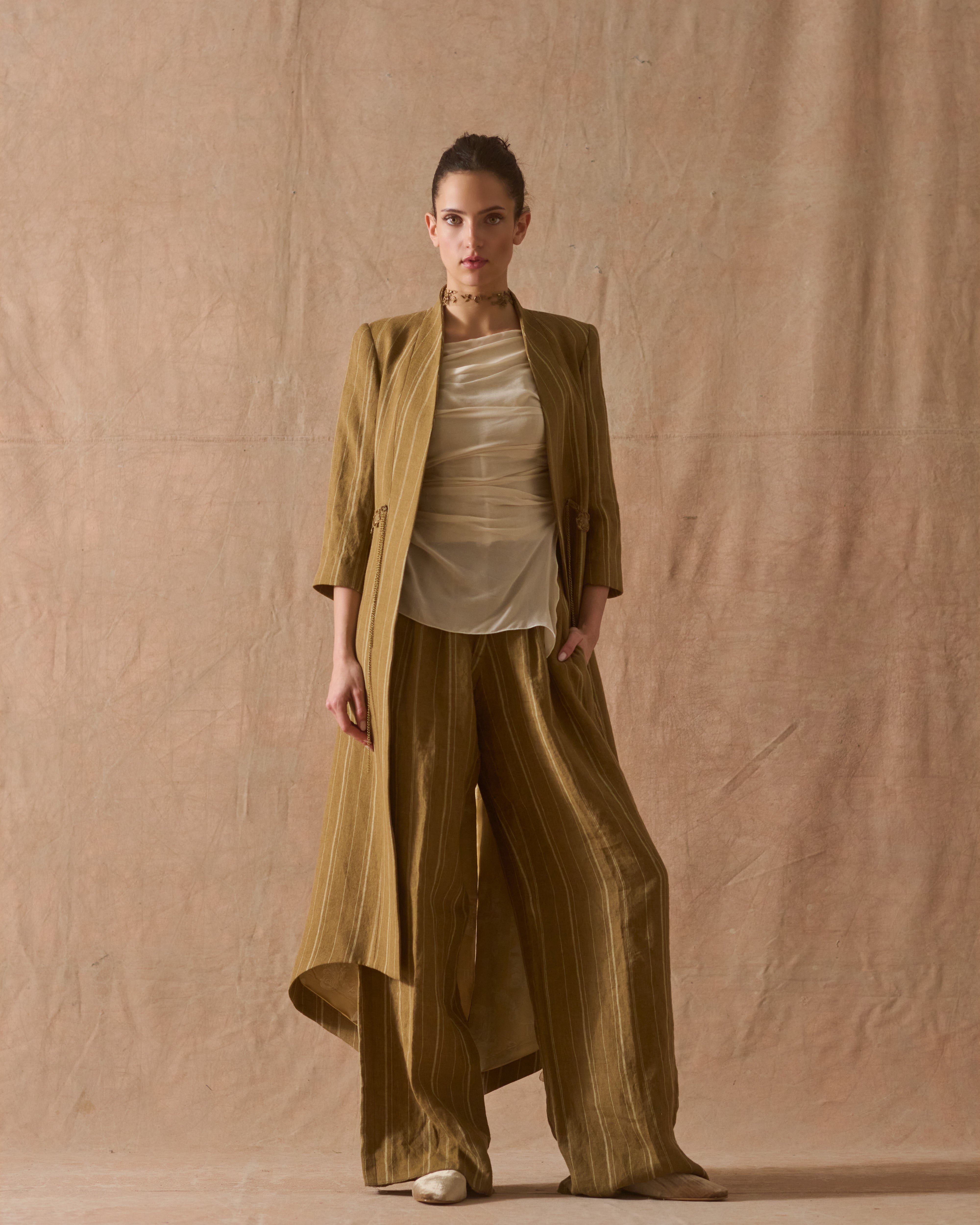 Abrigo Ginebra Birdie de seda rústica - Rayas Toffee