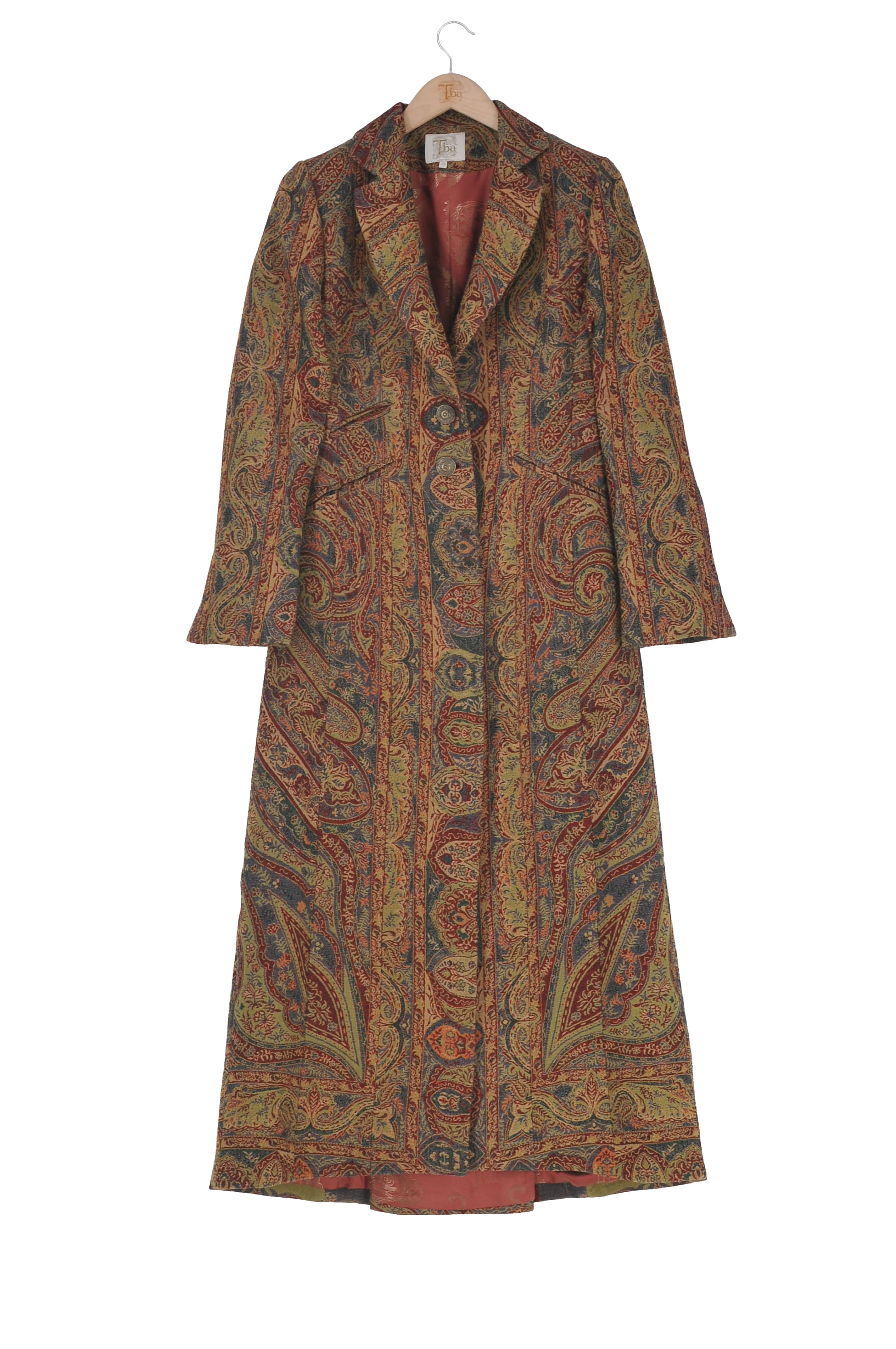 Abrigo largo Lancelot en tejido jacquard con estampado de cachemira en tonos teja, verde y azul para mujer T.ba