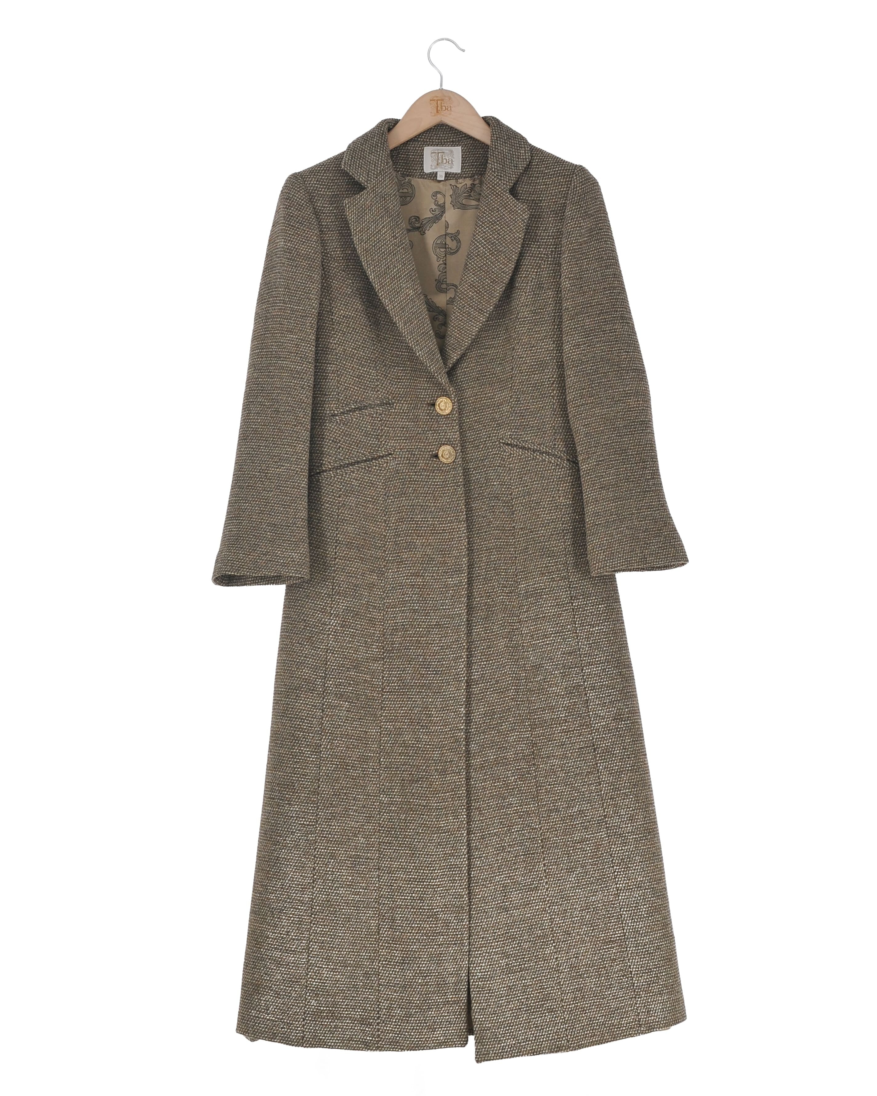 Abrigo largo Lancelot en lana tweed tricolor beige y marrón con solapas anchas y botones dorados para mujer T.ba