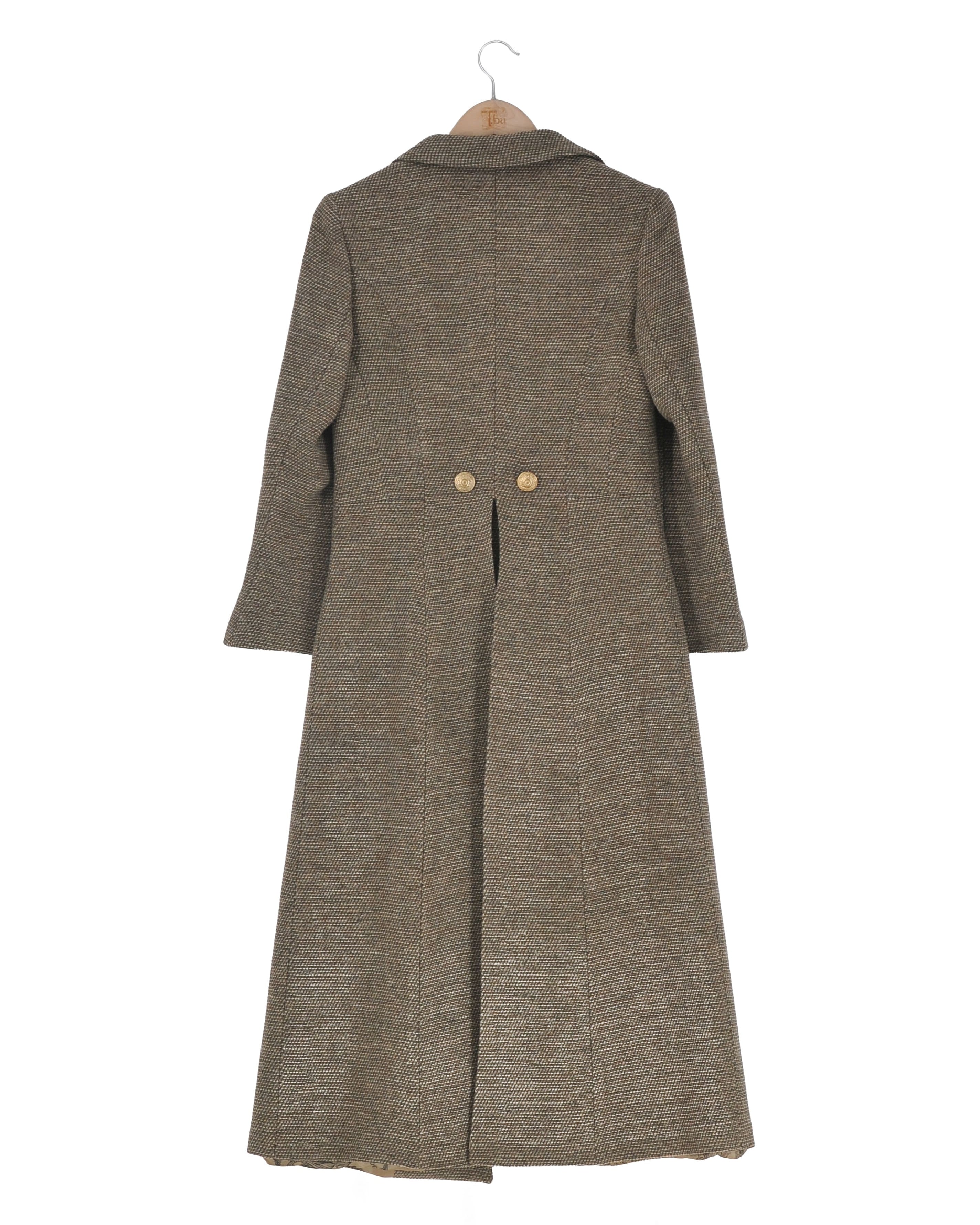 Trasera abrigo largo Lancelot en lana tweed tricolor beige y marrón con solapas anchas y botones dorados para mujer T.ba