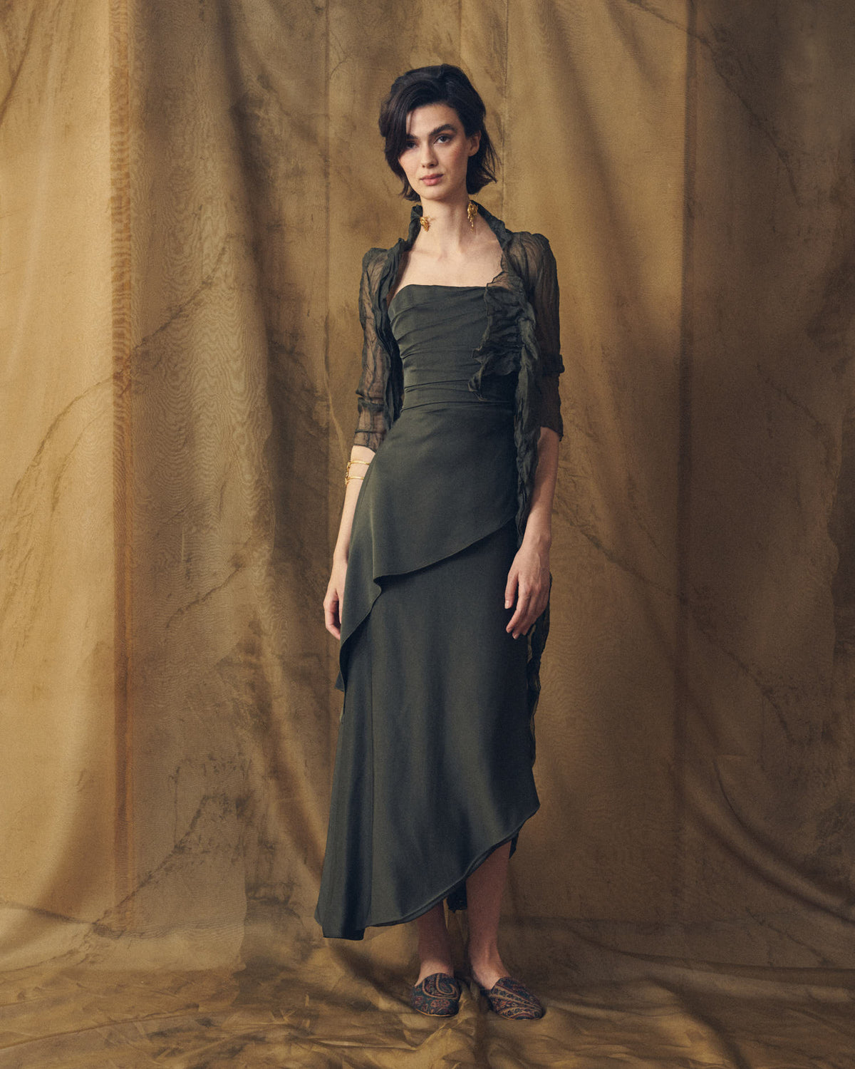 Full-length front view of Alina strapless long sharkskin dress in oxford with sheer ruffled jacket for women by T.ba