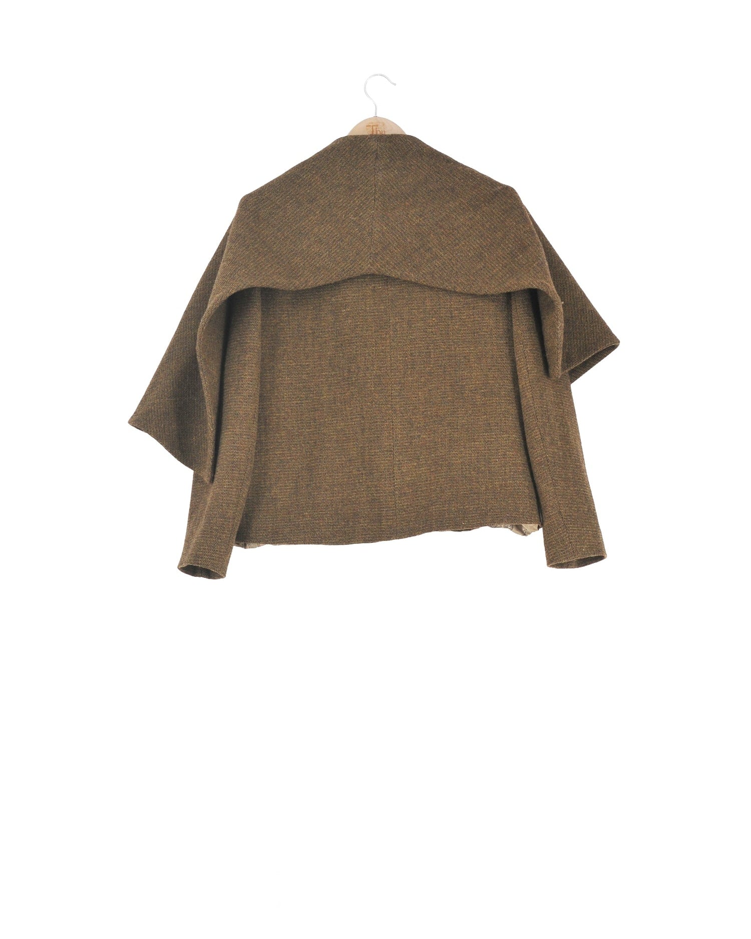 Back view of women's Alina Tweed short jacket in brown wool with wide drape collar by T.ba