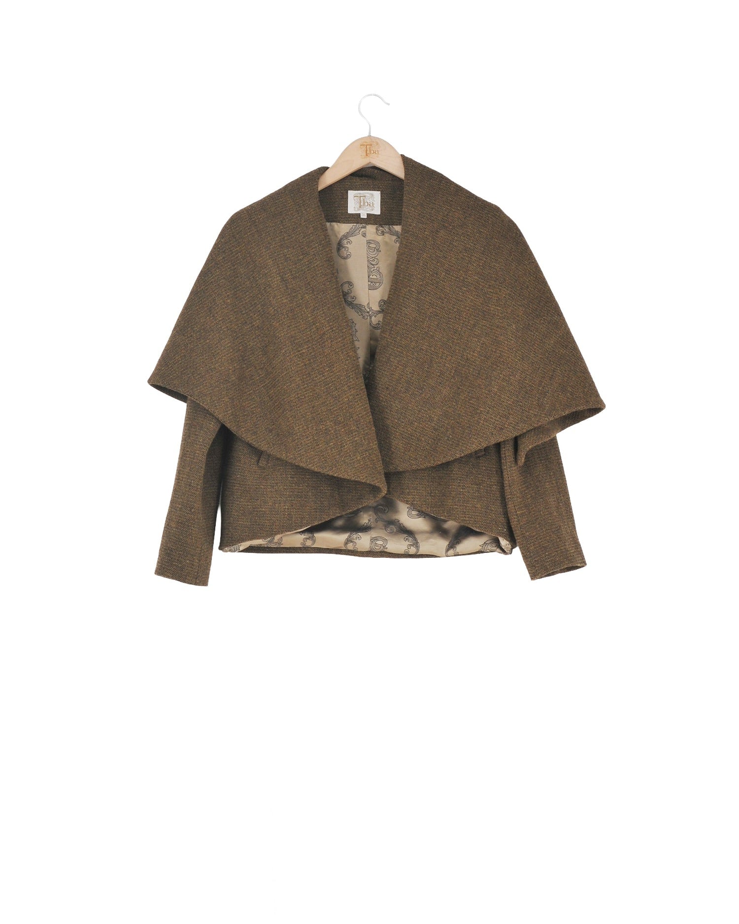 Front view of women's Alina Tweed short jacket in brown wool with wide drape collar by T.ba