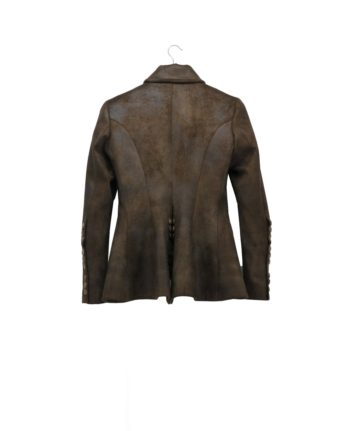 Back view of women's Baltea Gnu jacket in distressed khaki leather with tailored seams by T.ba