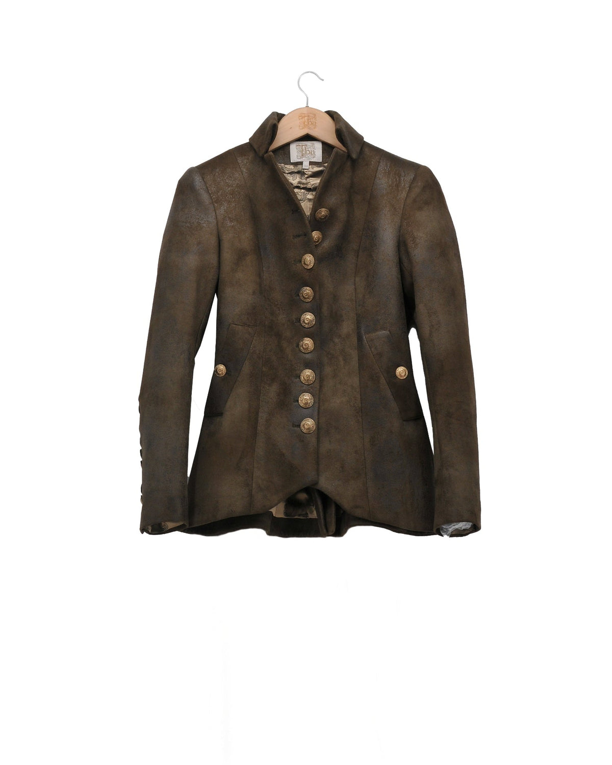 Front view of women's Baltea Gnu jacket in distressed khaki leather with brass buttons by T.ba
