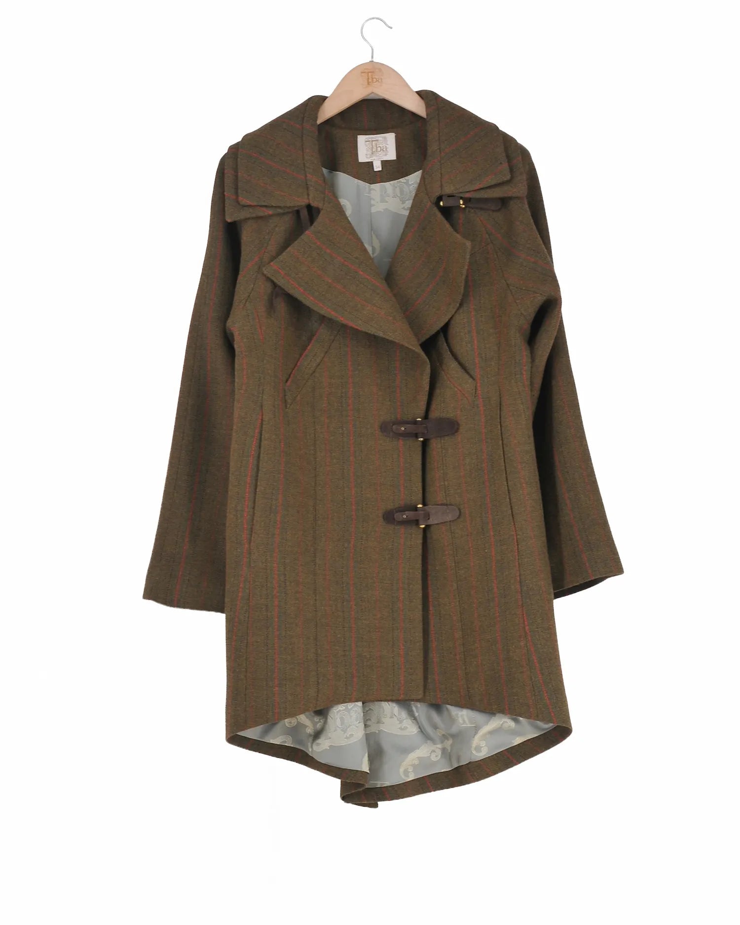 Women's Biella Field Coat Jerez in khaki wool with red pinstripes featuring wide lapels, leather buckle closures, and high-low hem by T.ba