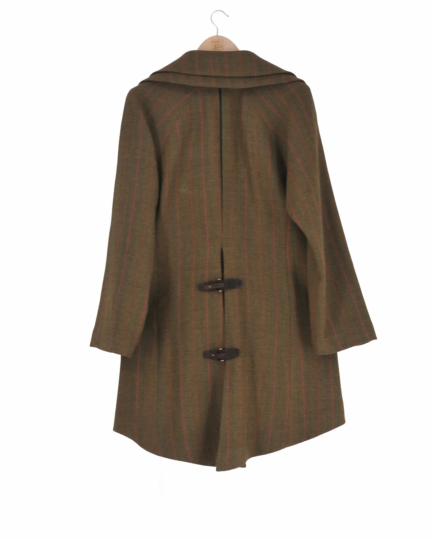 Back view of women's Biella Field Coat Jerez in khaki wool with red pinstripes featuring wide lapels, leather buckle closures, and high-low hem by T.ba