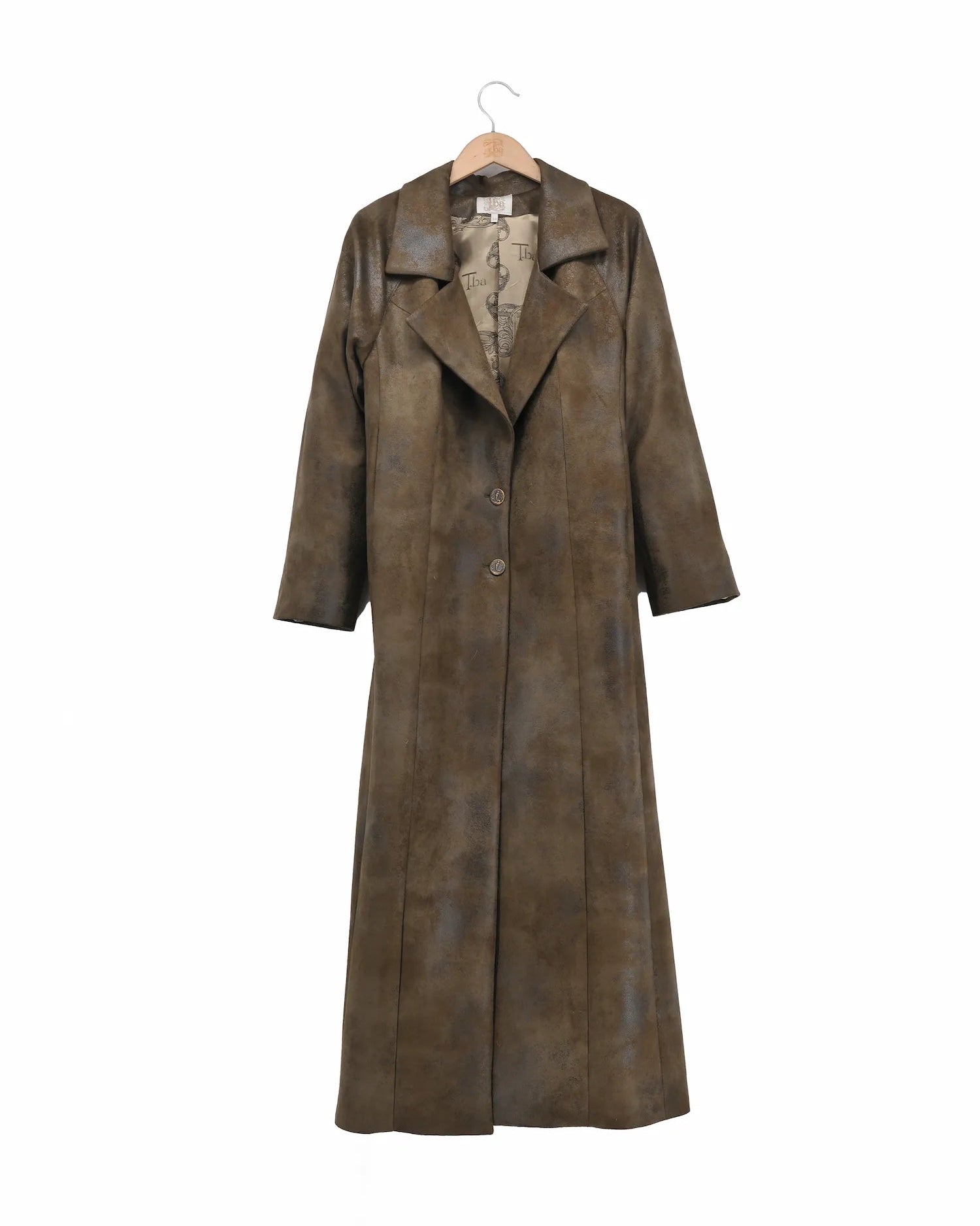 Women's Biella Gnu long coat in distressed khaki fabric featuring wide lapels and front button closure by T.ba