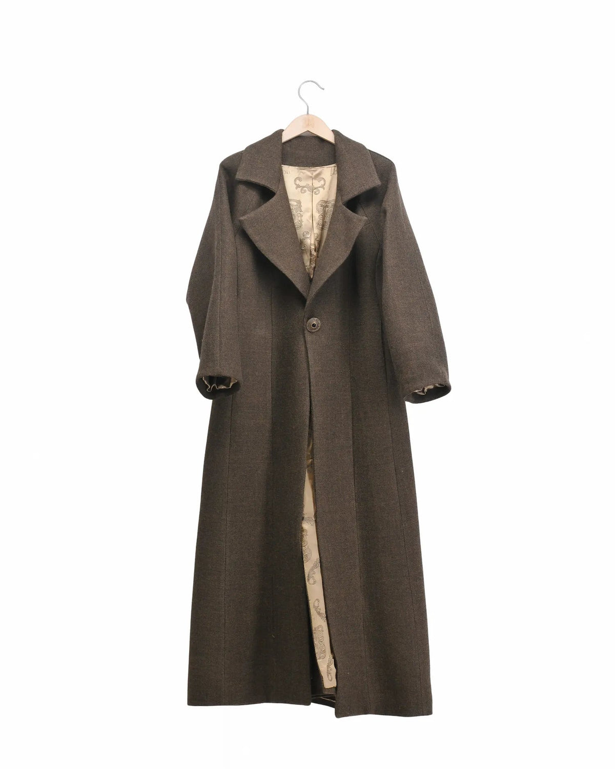Women's Biella Jerek long coat in brown wool tweed featuring wide lapels, tailored fit, and single button closure by T.ba