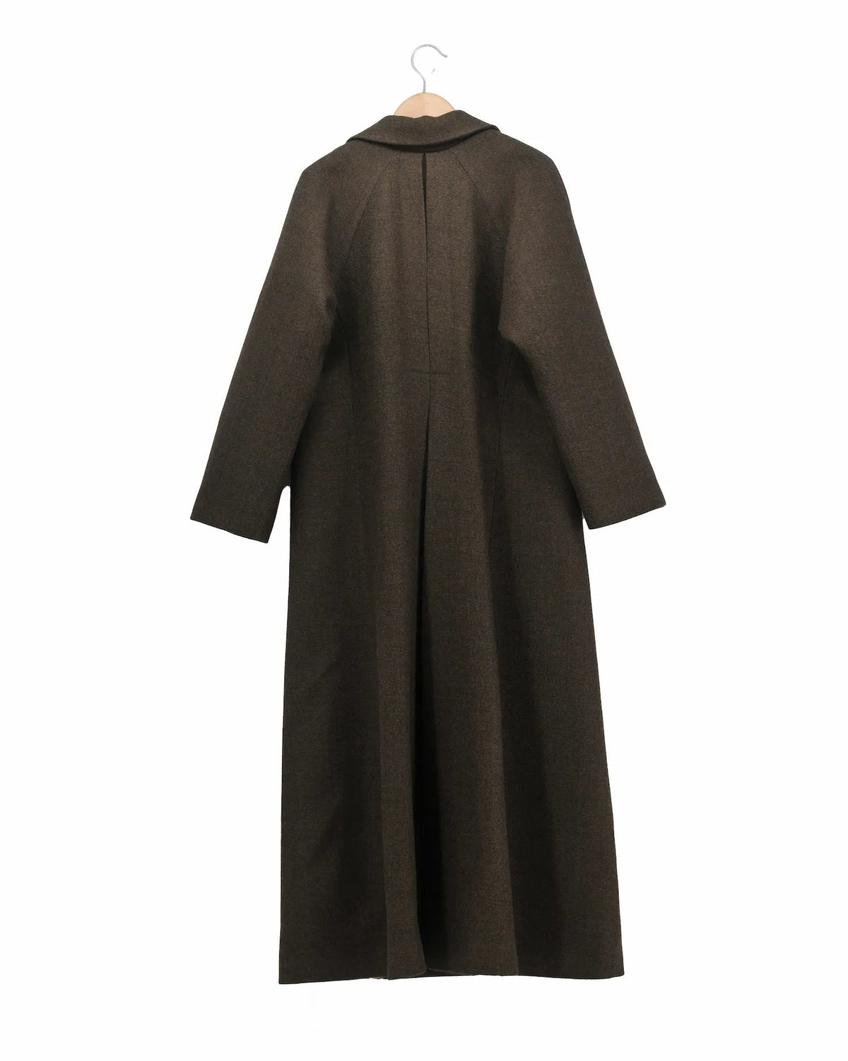 Back view of women's Biella Jerek long coat in brown wool tweed featuring wide lapels, tailored fit, and single button closure by T.ba
