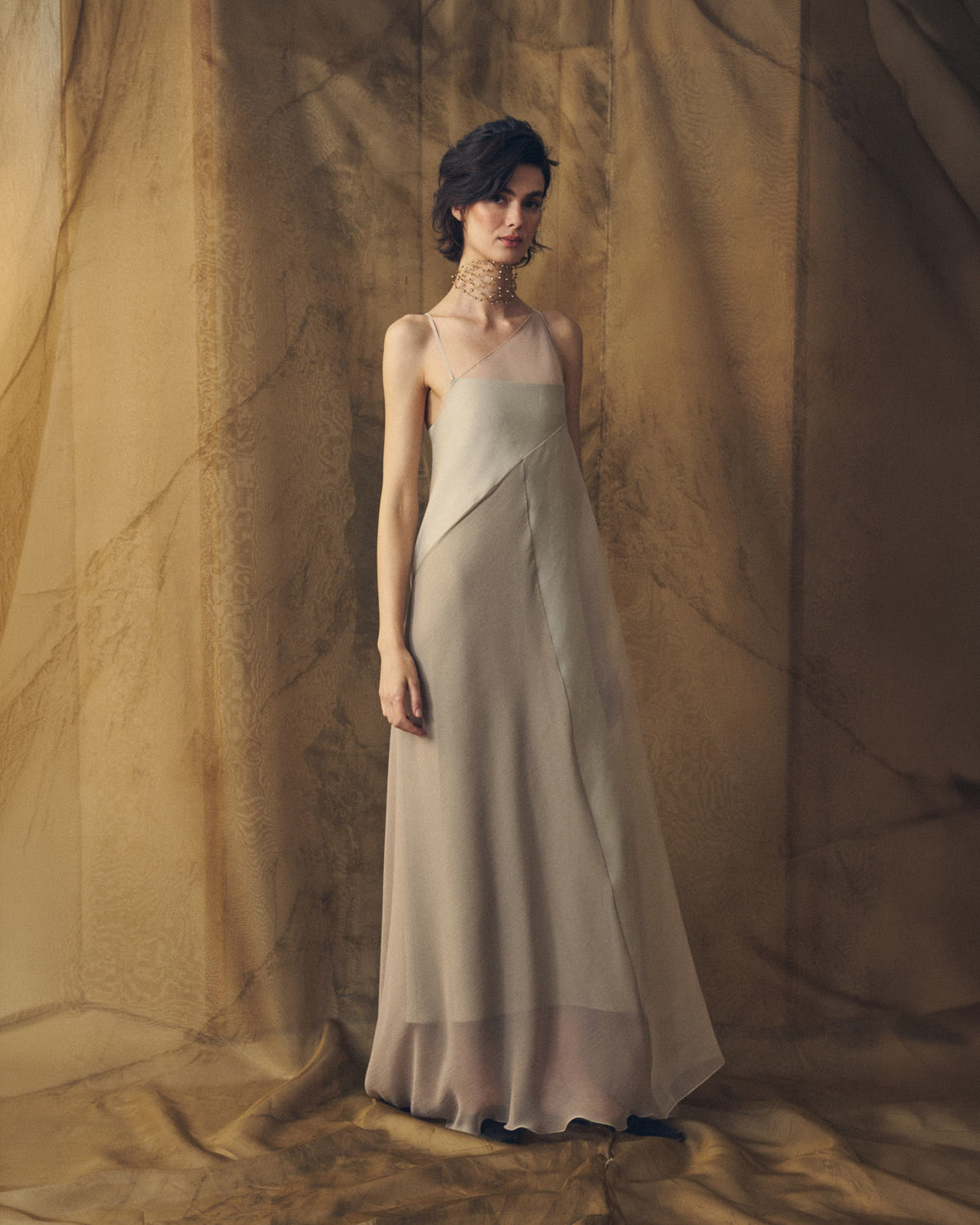 Full-length front view of Biella long organza dress in gray for women by T.ba