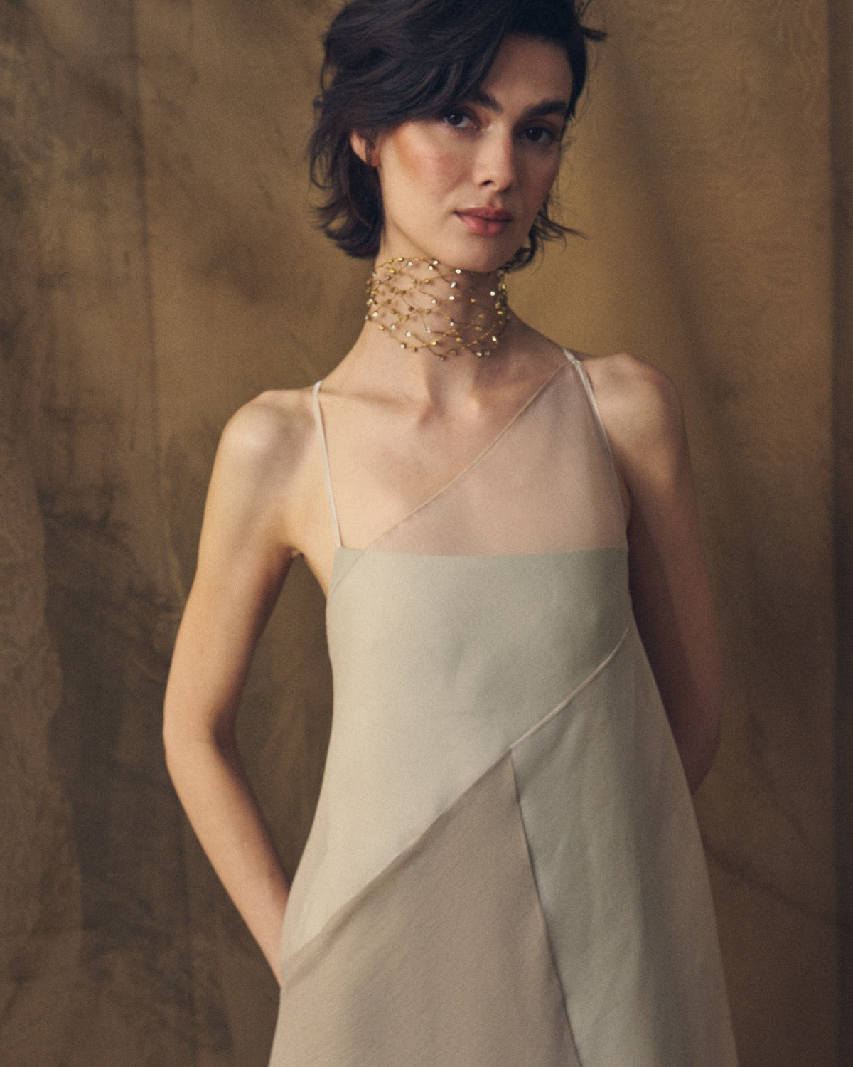 Medium shot front view of Biella sheer organza long dress in gray for women by T.ba