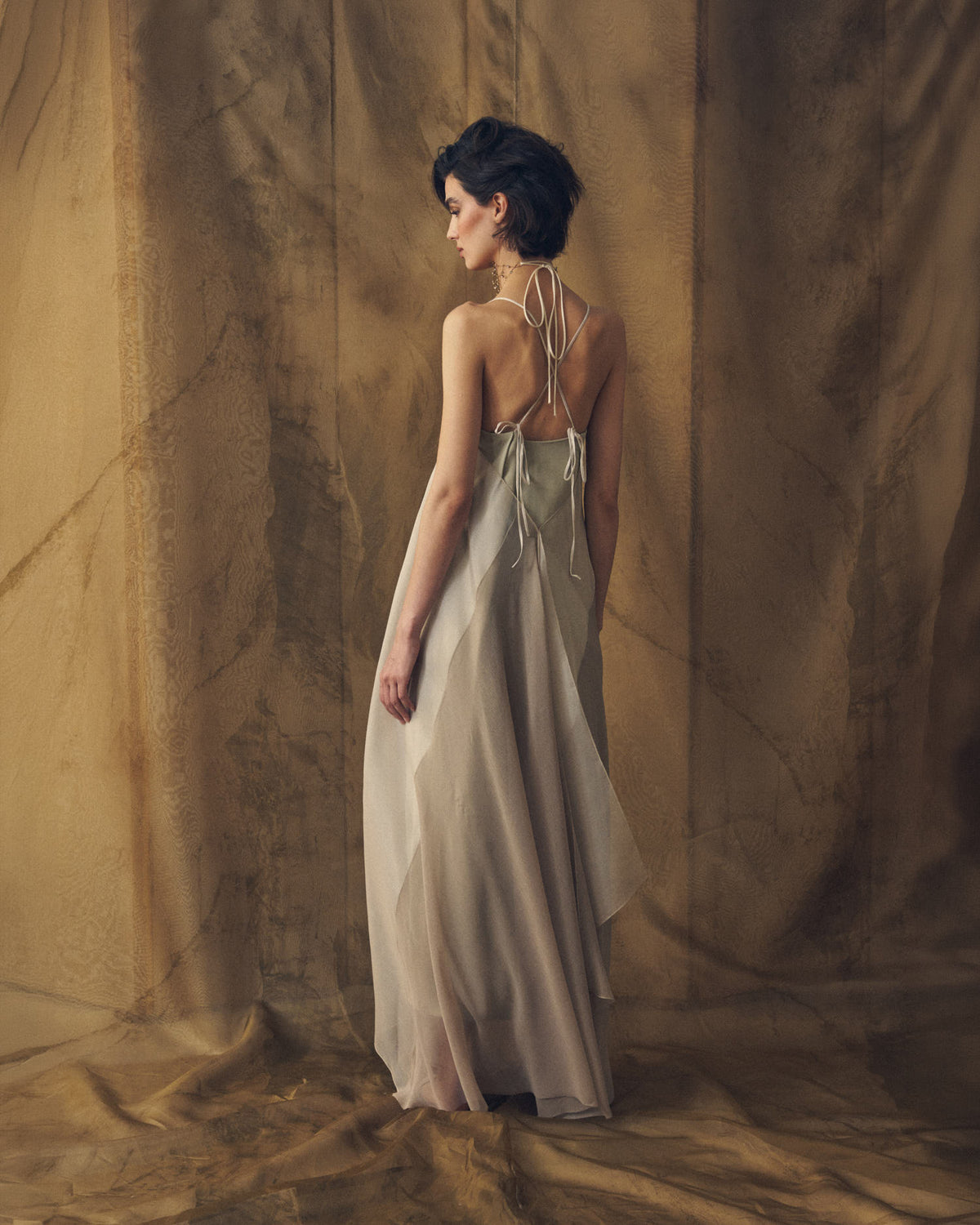 Three-quarter back view of Biella open-back long organza dress in gray for women by T.ba