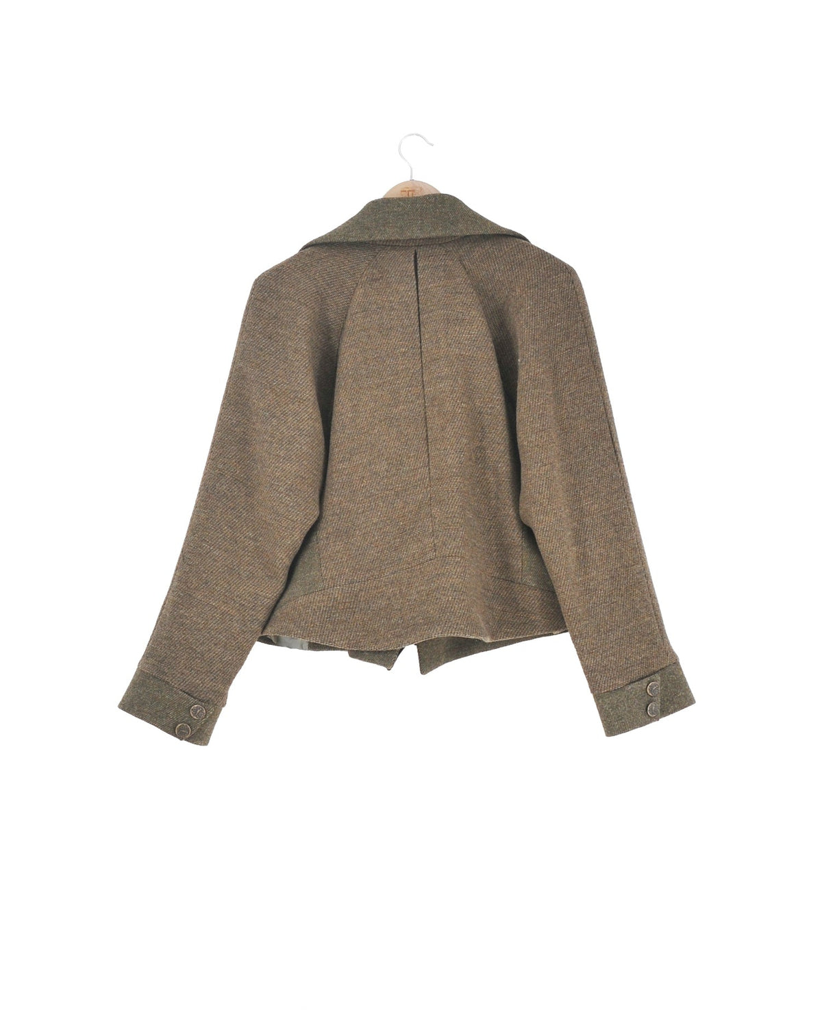 Back view of the Biella bomber jacket in brown tweed wool and knit with central inverted pleat for women T.ba