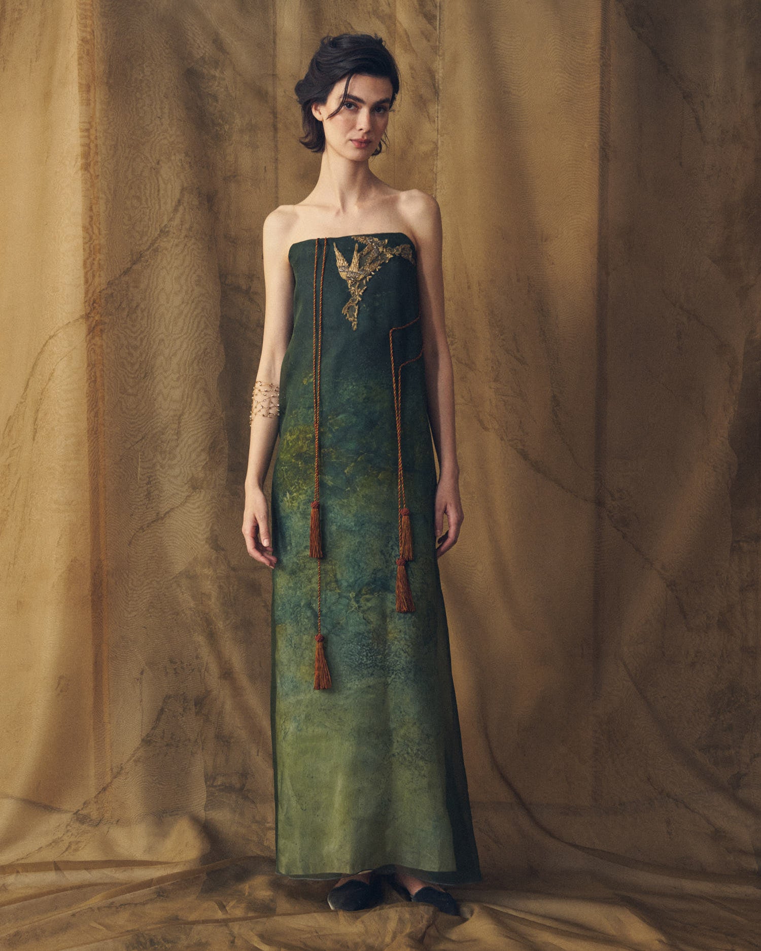 Full-length front view of Birdie strapless long organza dress in bayou green with gold embroidery and tassels for women by T.ba