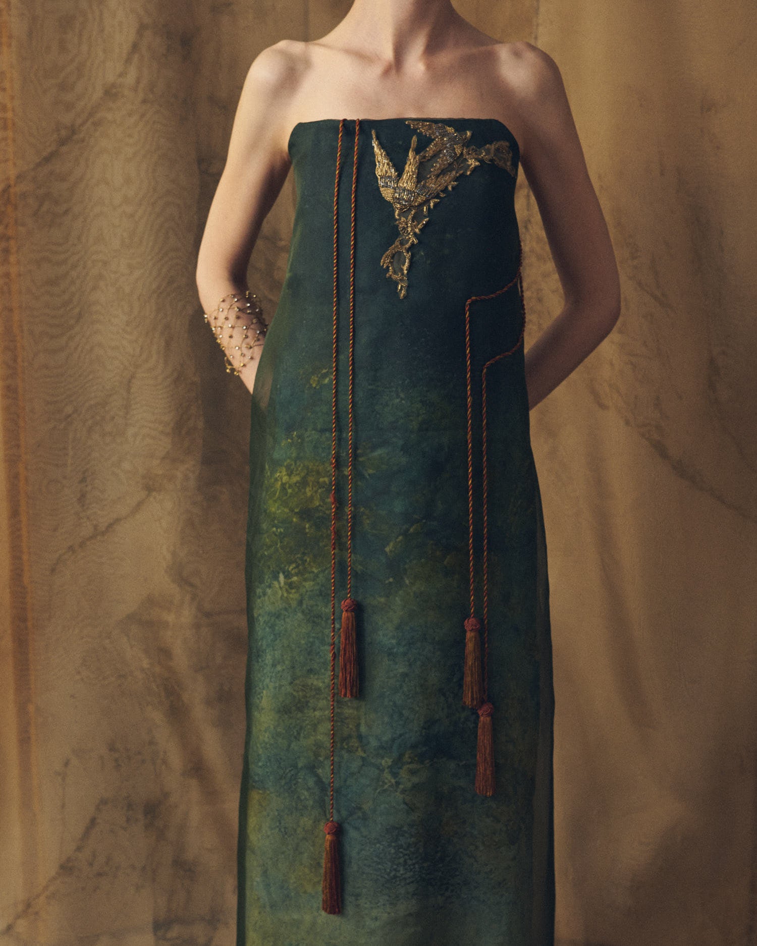 Medium view of Birdie strapless long dress showcasing top gold embroidery and cord details for women by T.ba