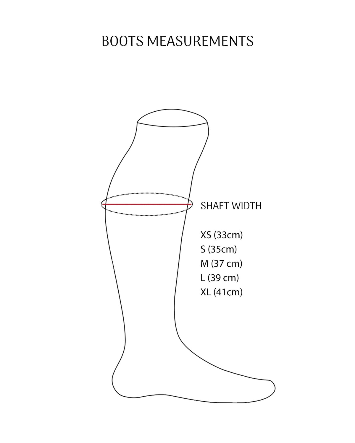Size guide diagram illustrating shaft width measurements for women's high leather boots T.ba