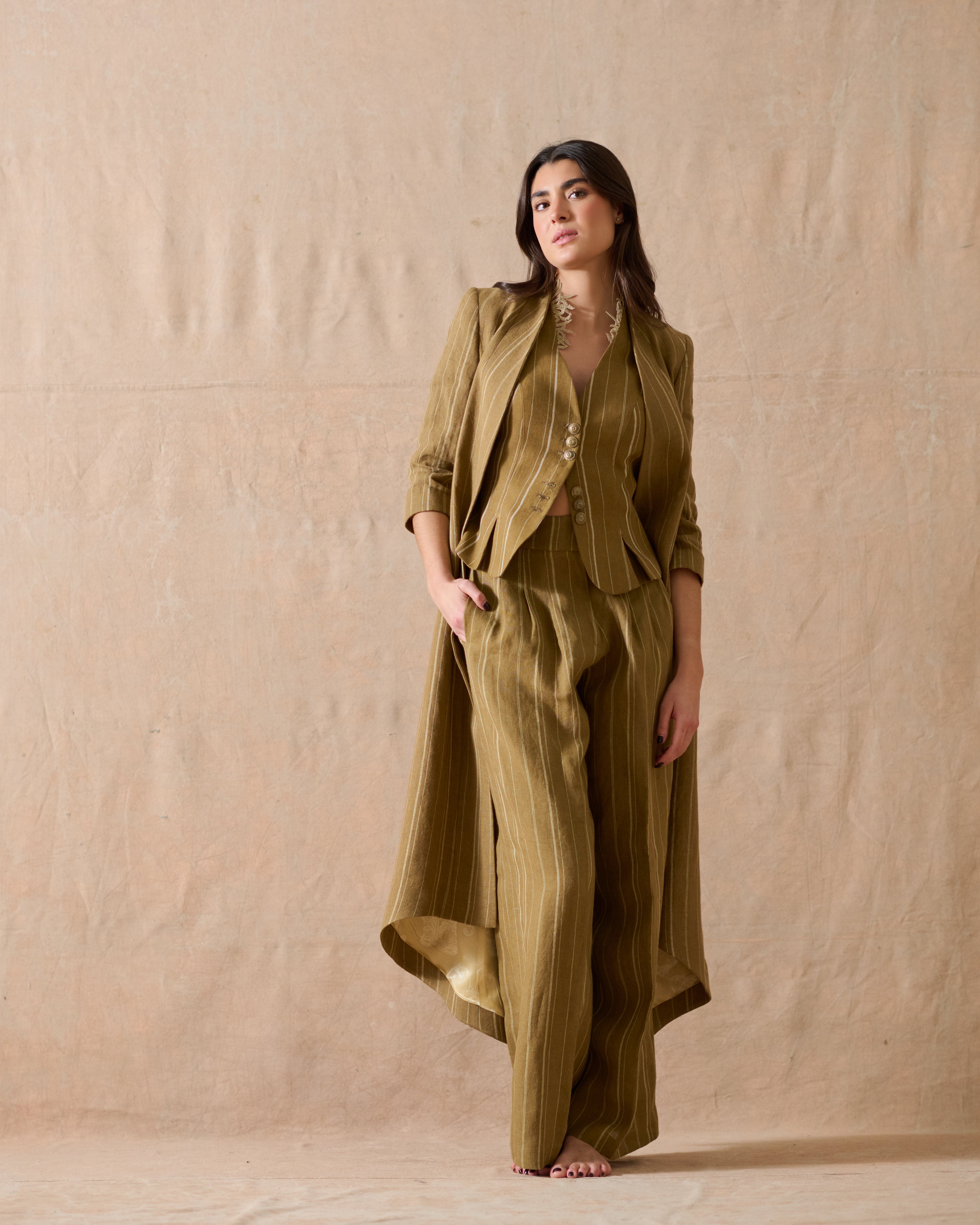 Linen Noor Pleats Vest - Stripes Toffee