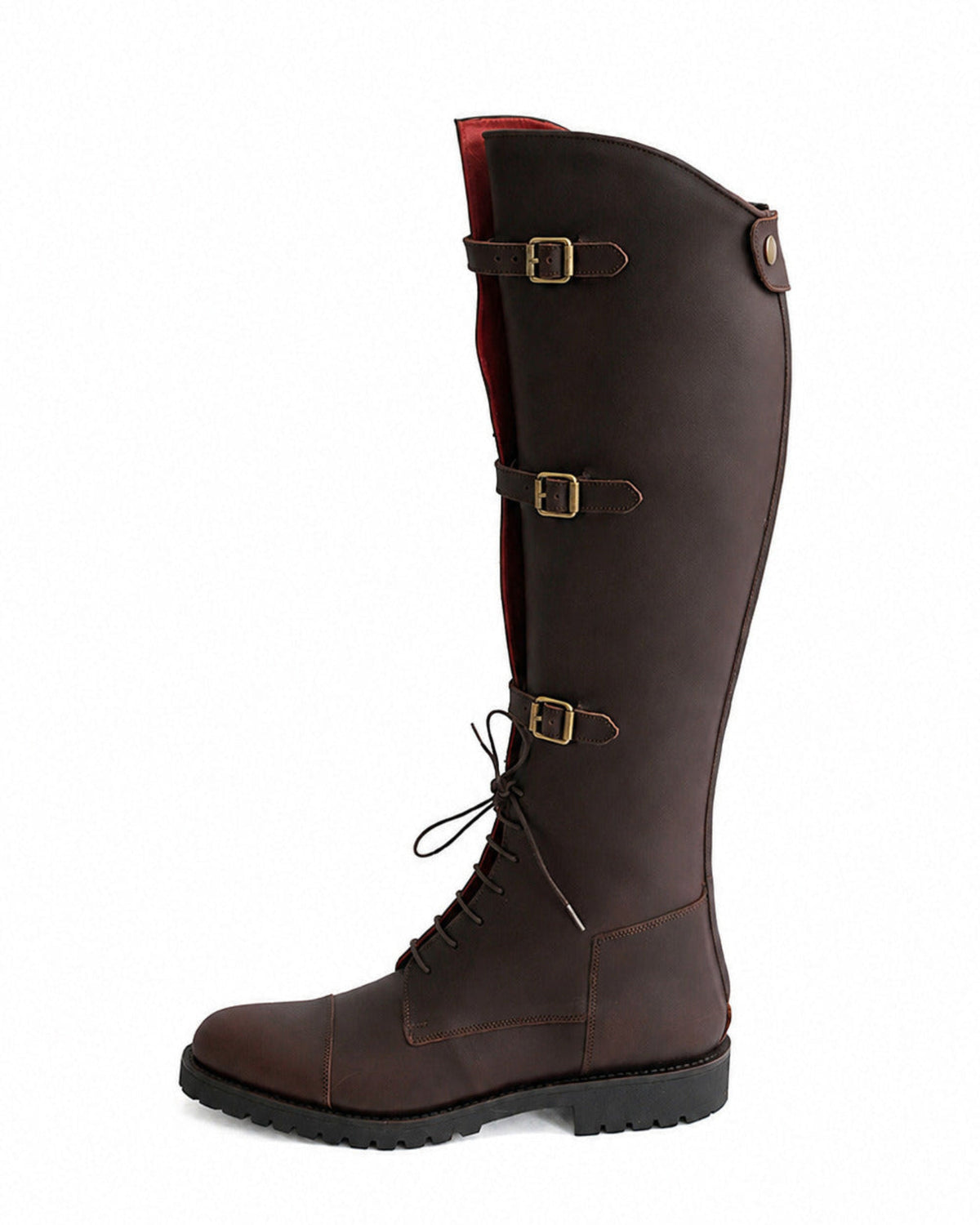Profile side view of dark brown leather straps knee-high boot with brass buckles and laces for women T.ba