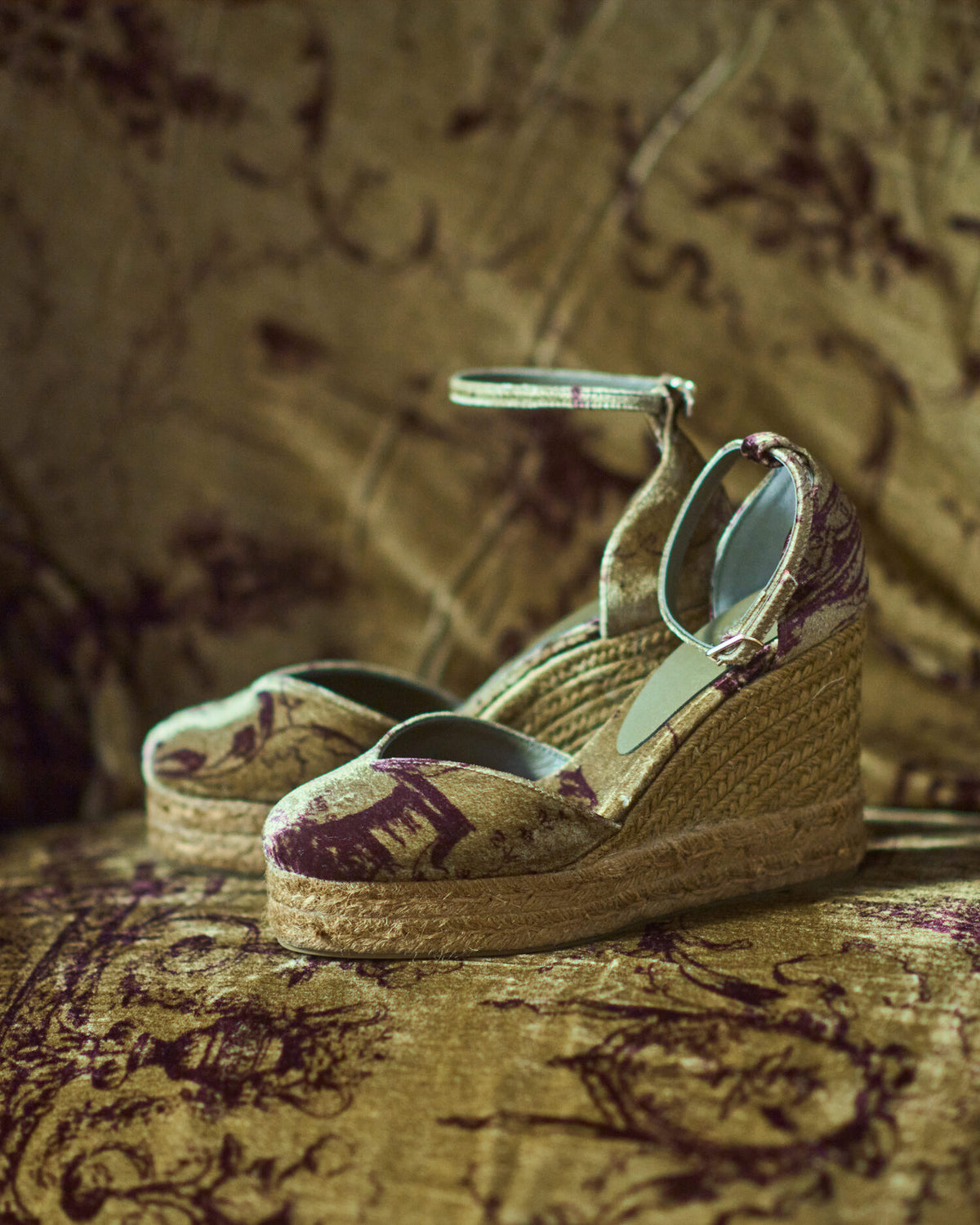 Detailed close-up view of Chiara wedge espadrilles in printed mocca silk velvet with ankle strap for women T.ba