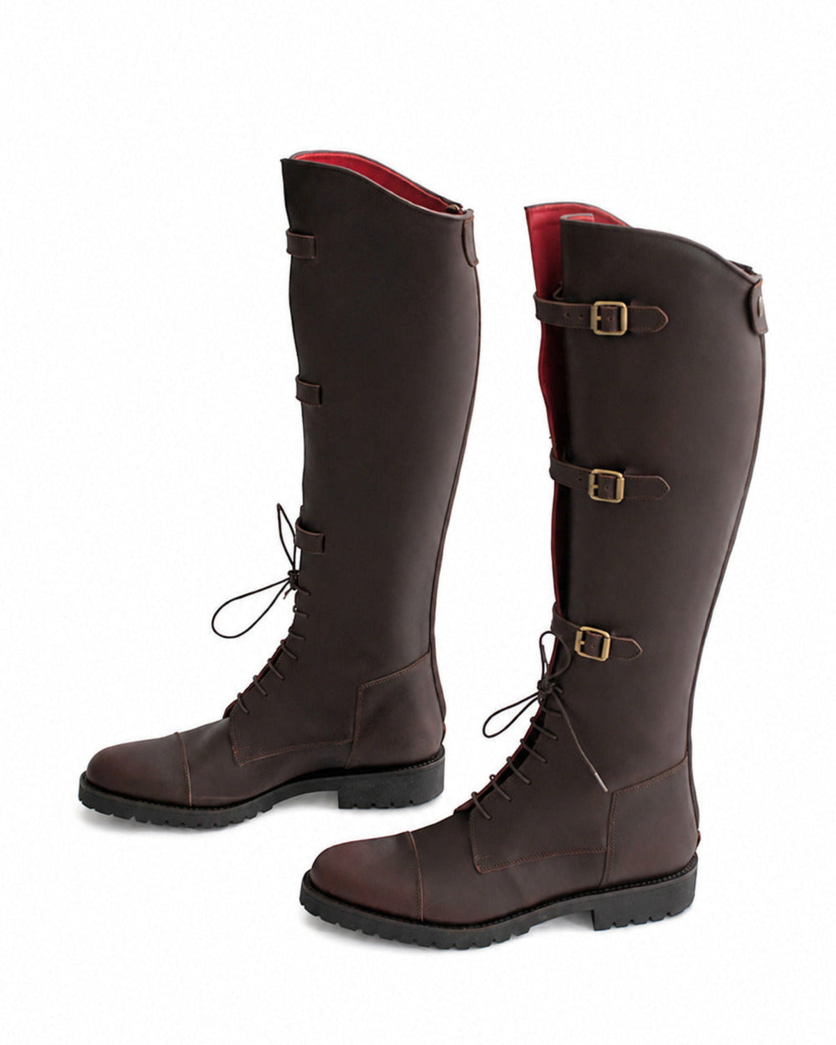 Pair of dark brown leather straps high boots with brass buckle details and lace-up front T.ba
