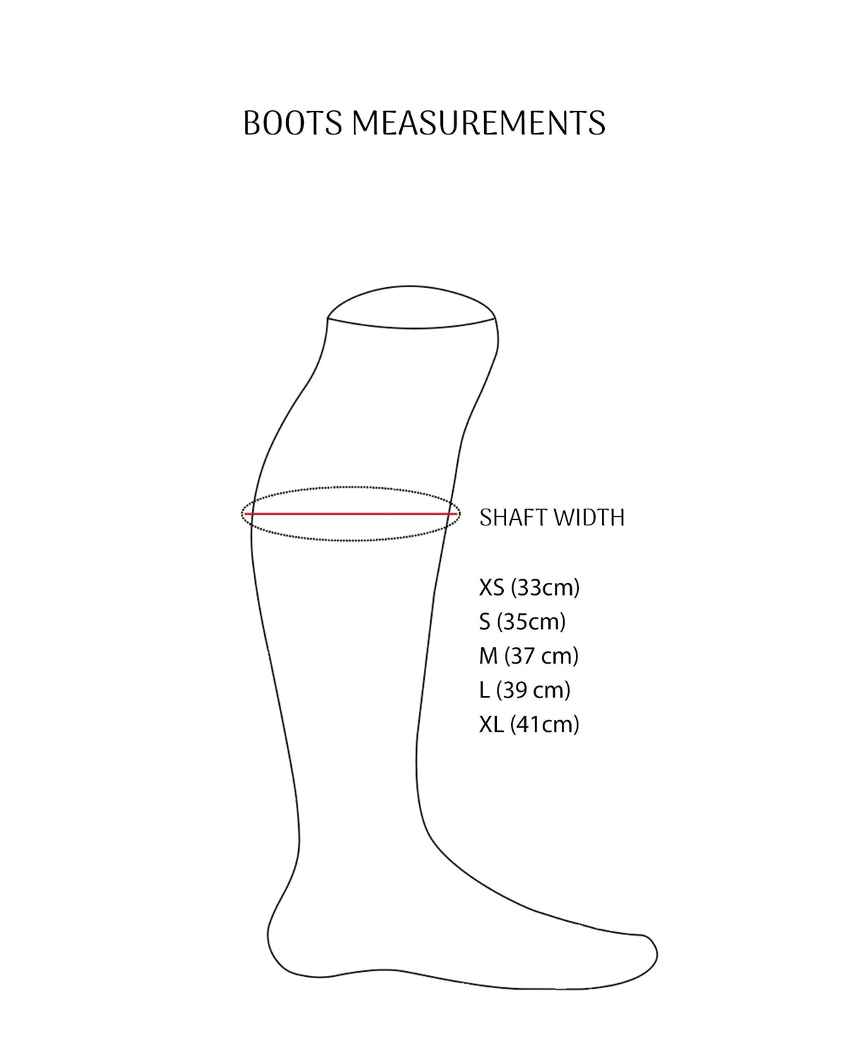 Size chart diagram illustrating shaft width measurements for women's high boots T.ba