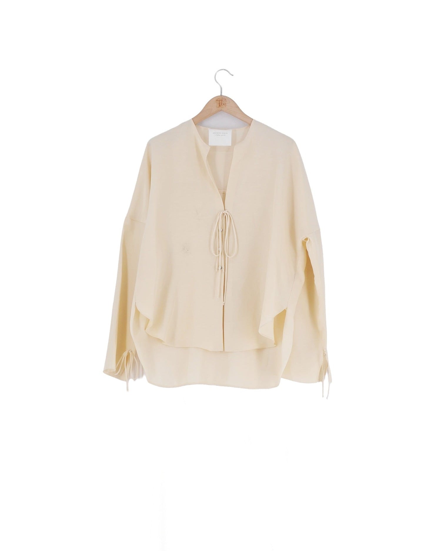 Eloise cupro and linen blouse in natural cream with front tie closure and fluid long sleeves for women T.ba