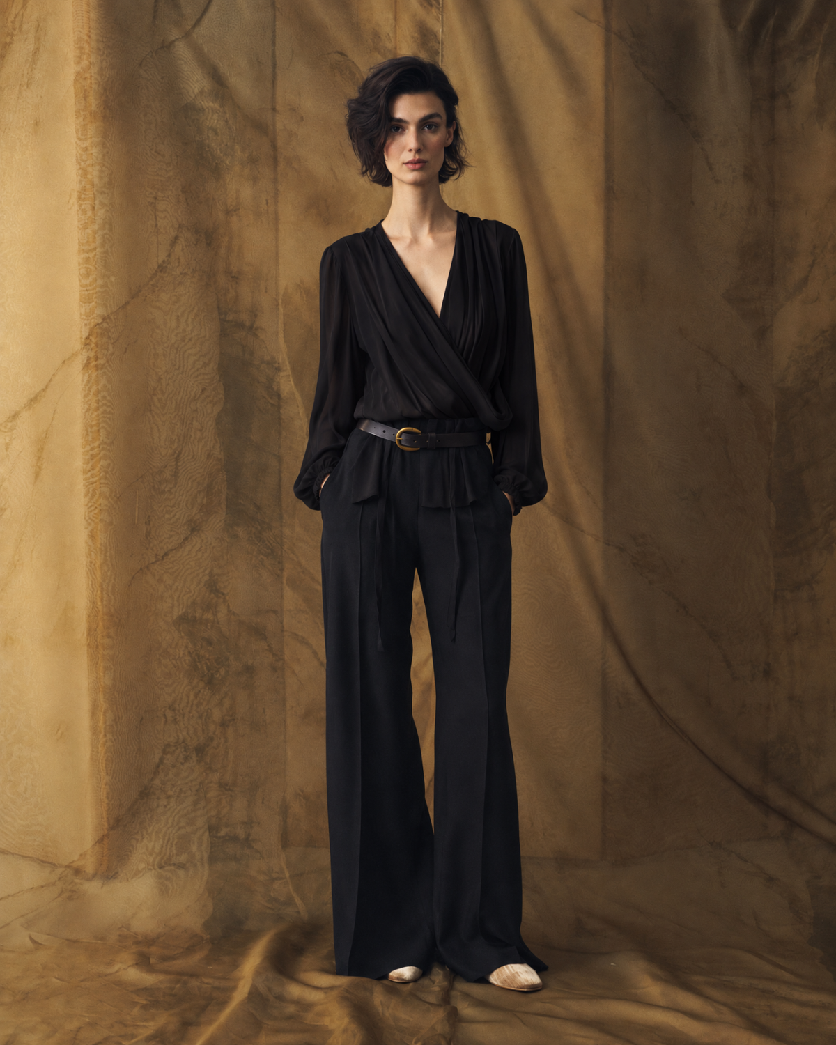 Full length front view of model wearing the fluid Fine Crepe Toscana Blouse in black silk crepe styled with wide pants for women by T.ba