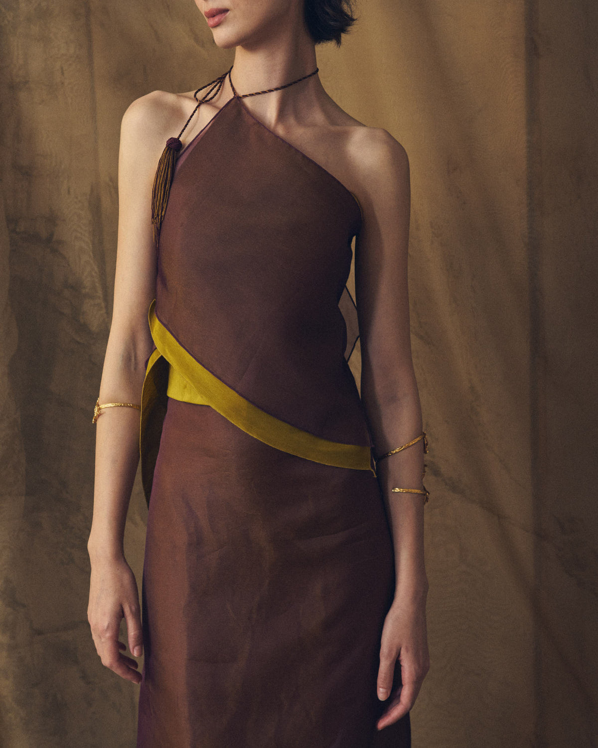 Medium shot front view showing the asymmetrical neckline and diagonal olive green trimming on the Fiore aubergine top by T.ba