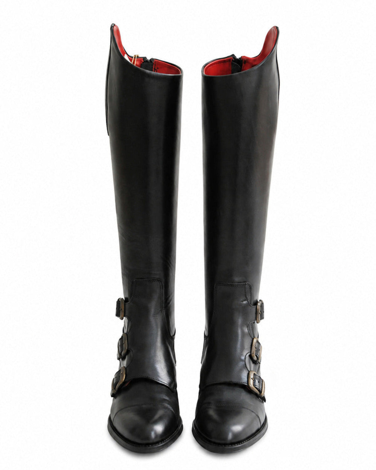 Front view of women's knee-high black leather boots featuring triple side buckles and subtle red lining T.ba