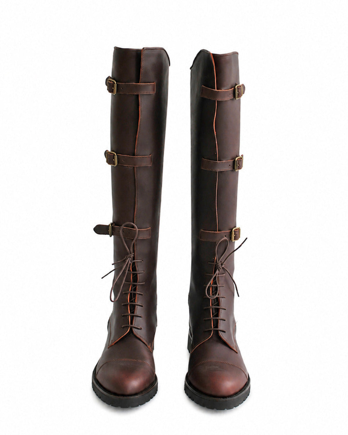 Frontal view of women's dark brown leather straps knee-high riding boots with laces and buckles T.ba