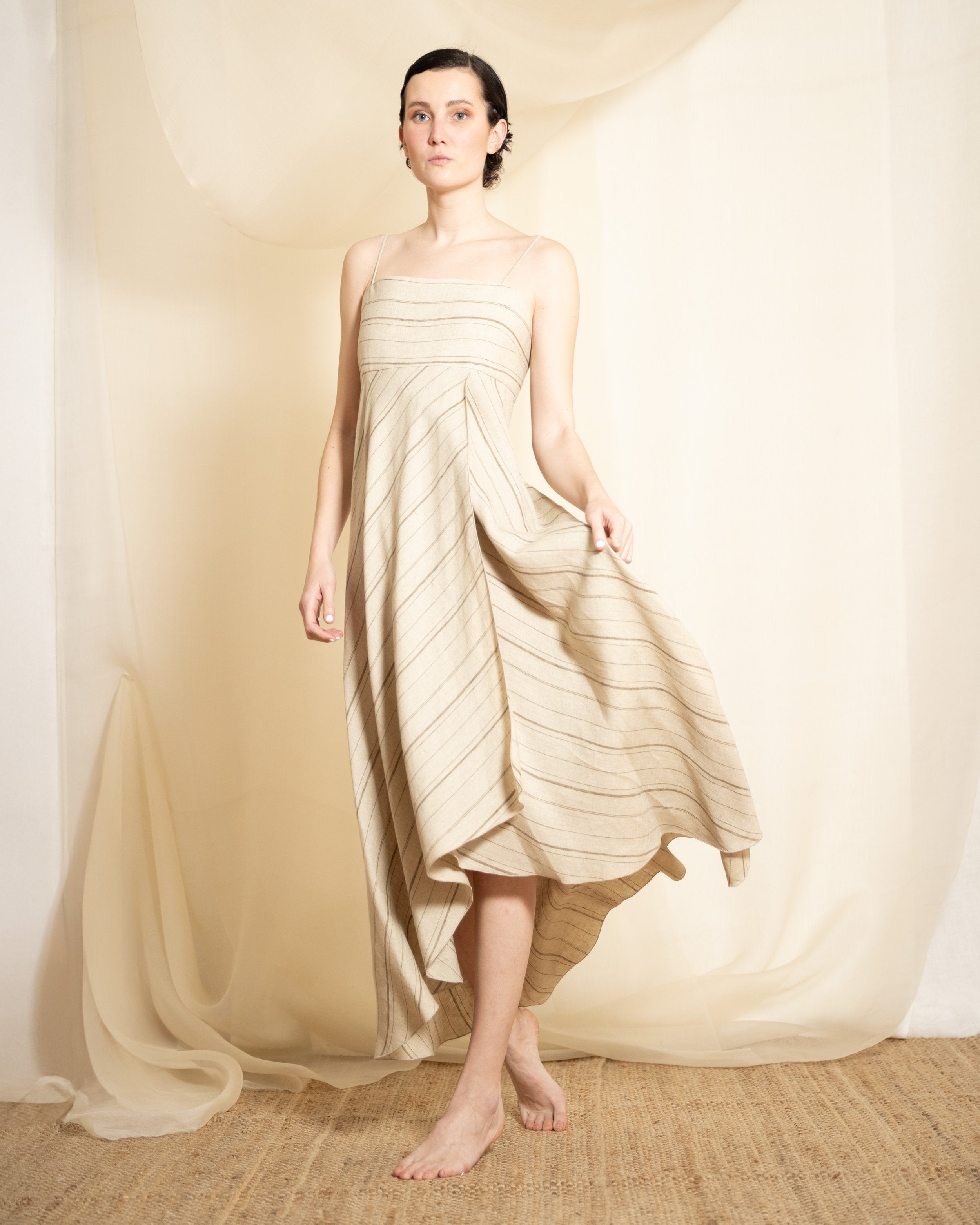 Linen Pen Dress - Striped Stone