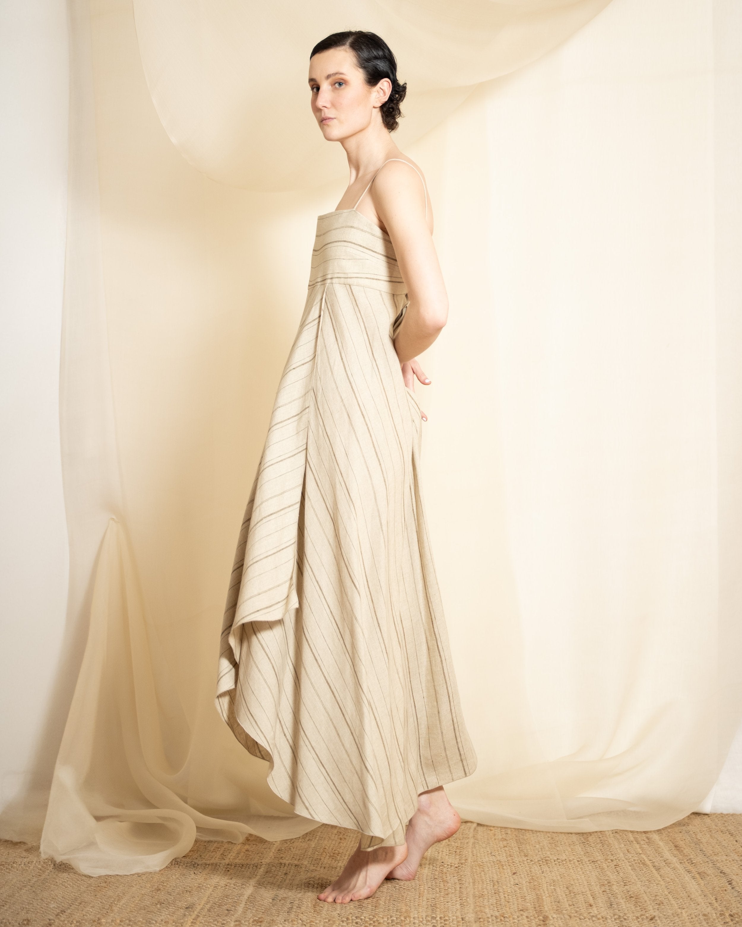 Linen Pen Dress - Striped Stone