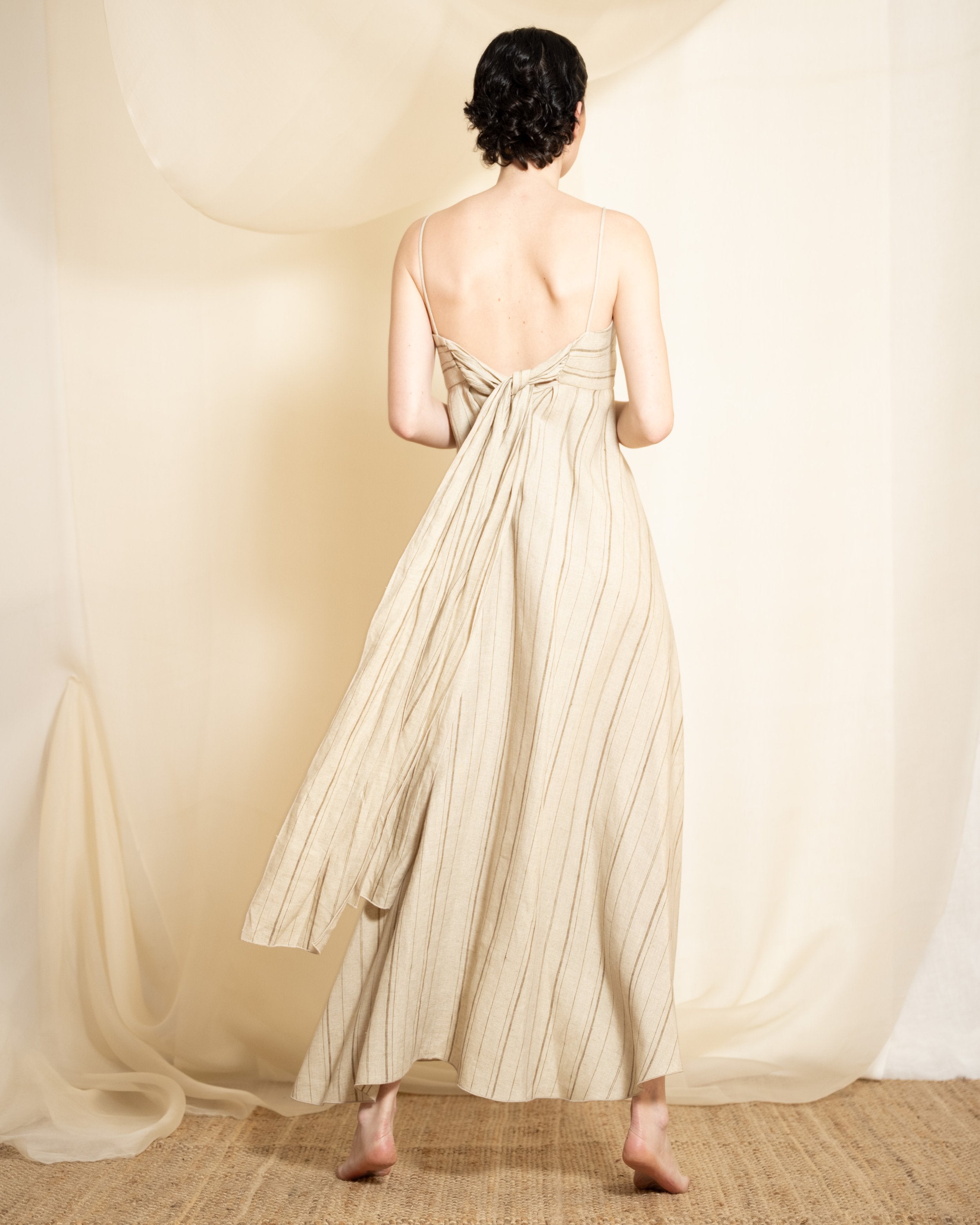 Linen Pen Dress - Striped Stone