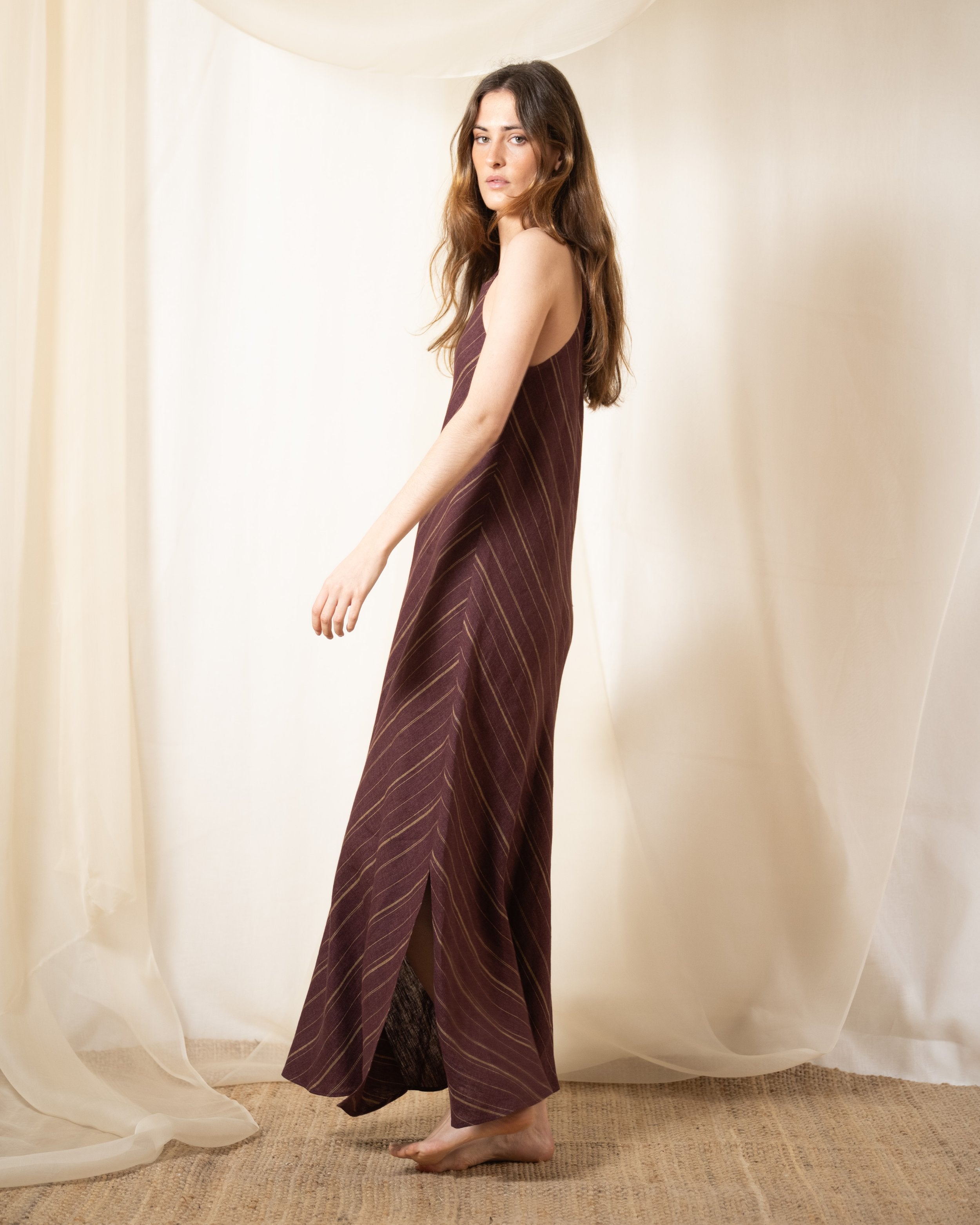 Linen Greta Dress - Striped Aubergine