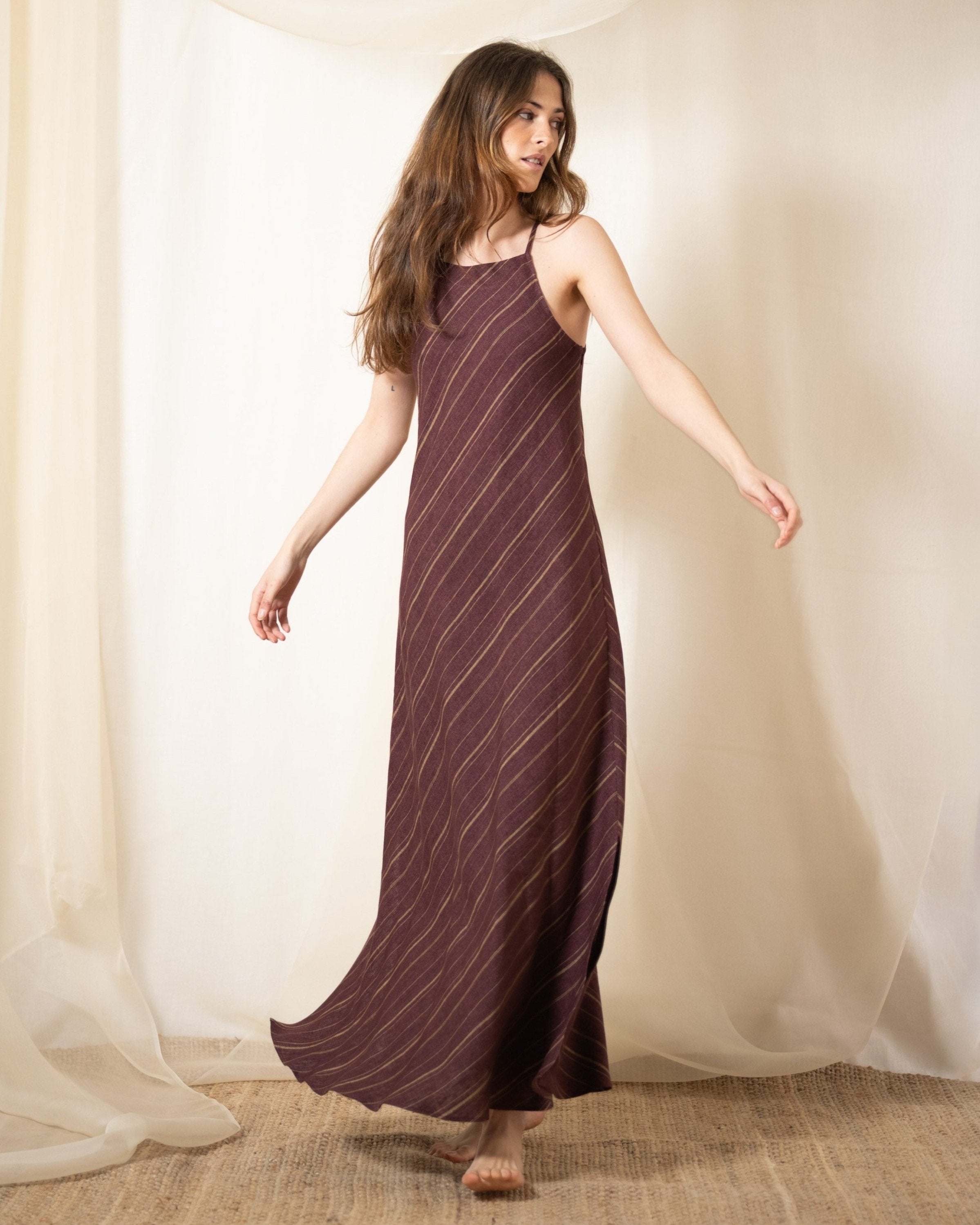 Linen Greta Dress - Striped Aubergine