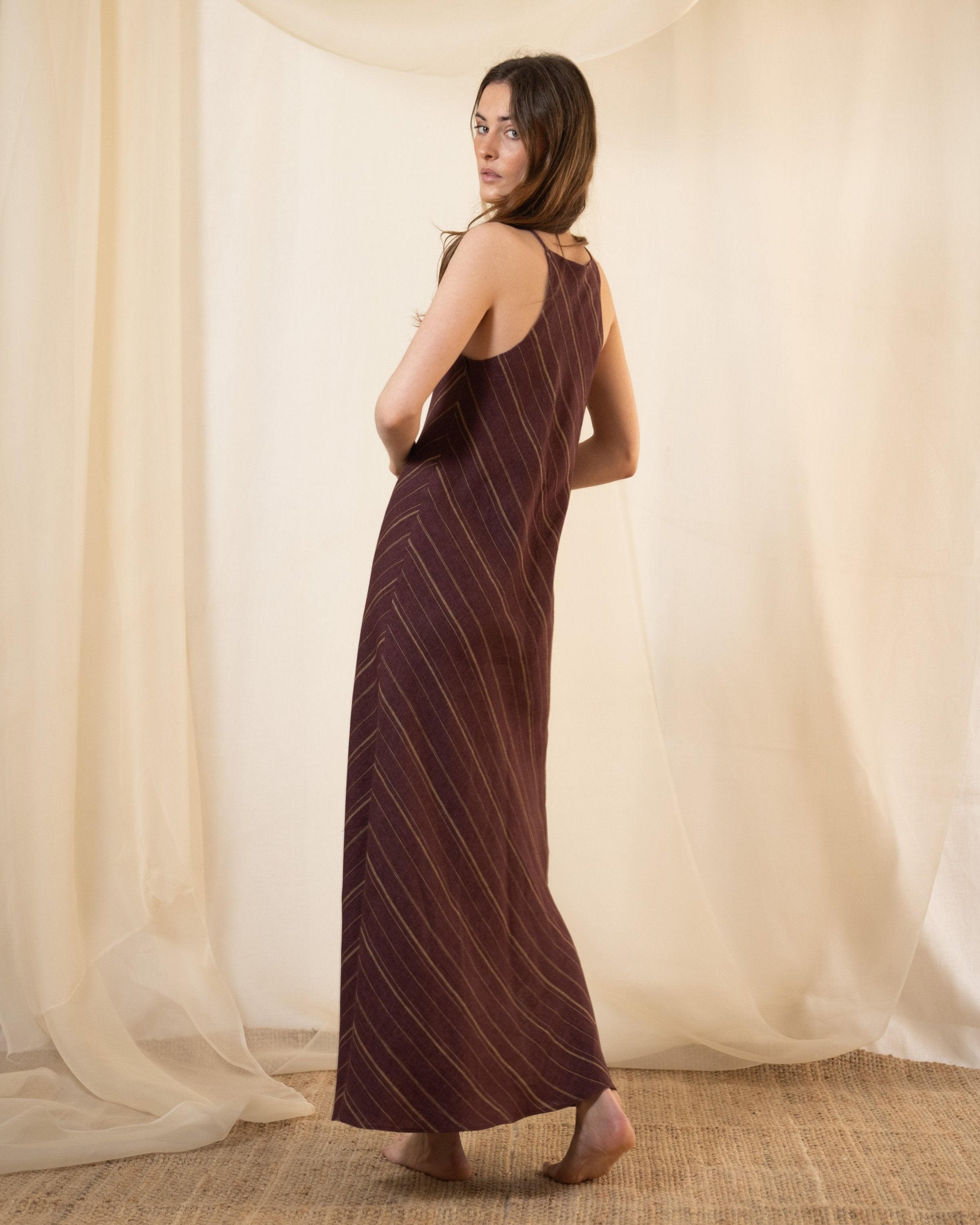 Linen Greta Dress - Striped Aubergine