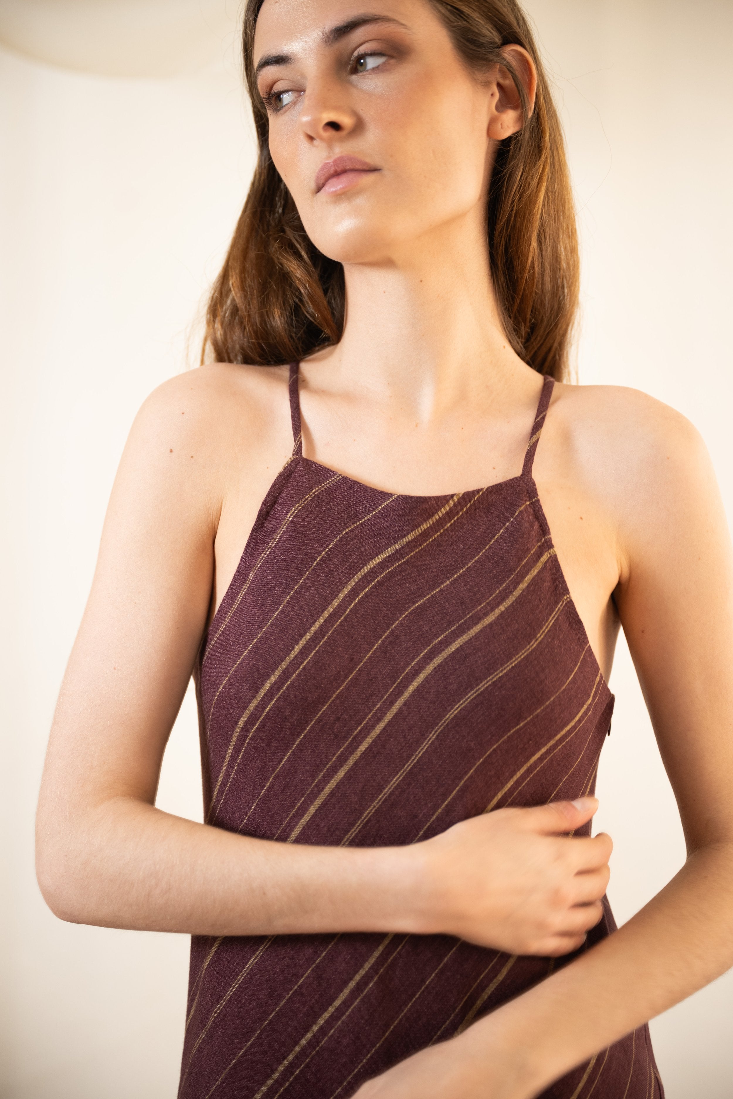Linen Greta Dress - Striped Aubergine