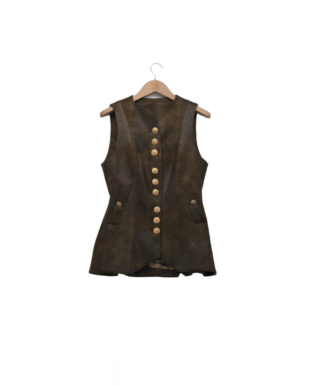 Front view of the Gnu Baltea Vest in khaki brown distressed leather with brass buttons on a hanger for women by T.ba.