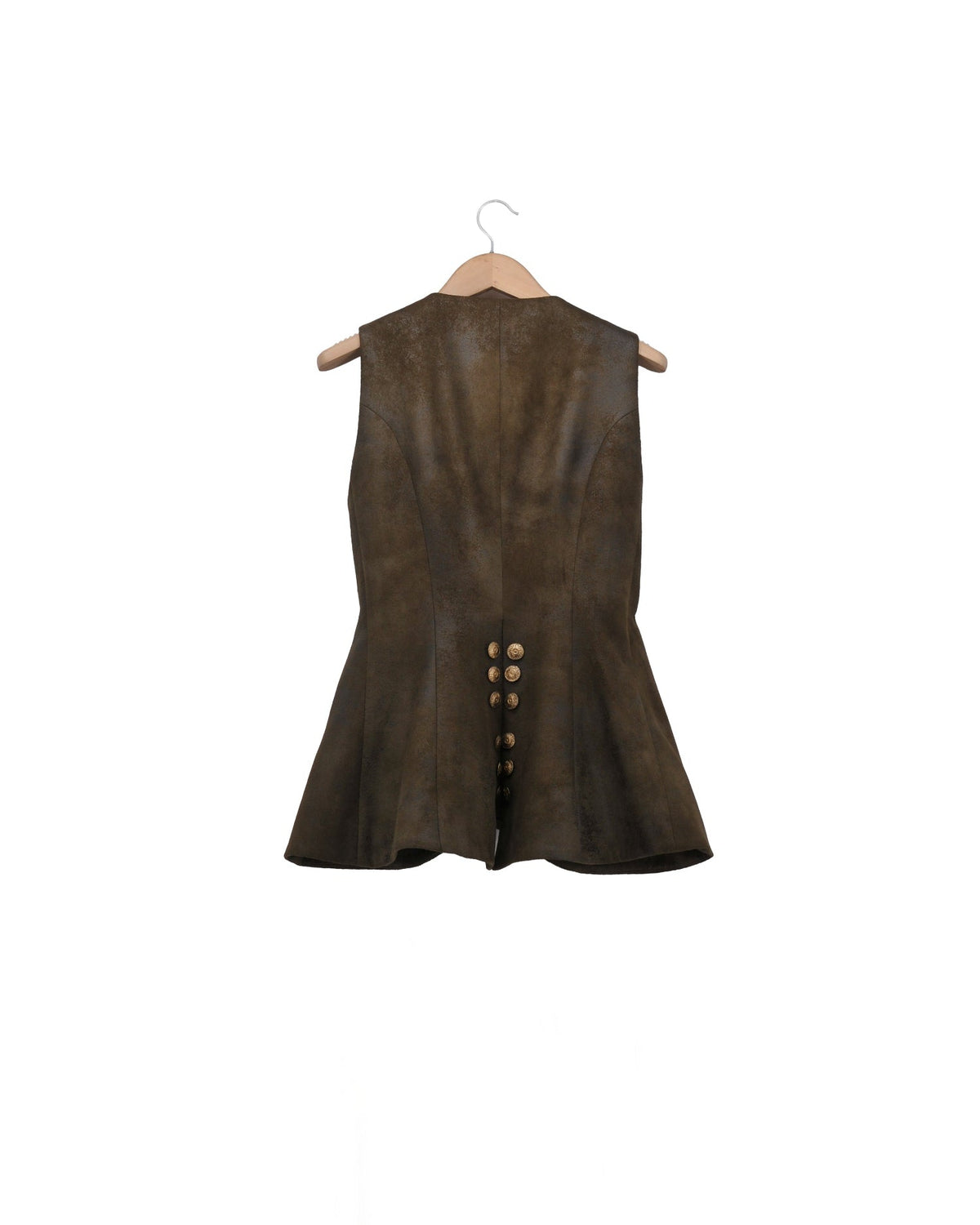 Back view of the Gnu Baltea Vest in khaki brown leather showing lower back button embellishments for women by T.ba.