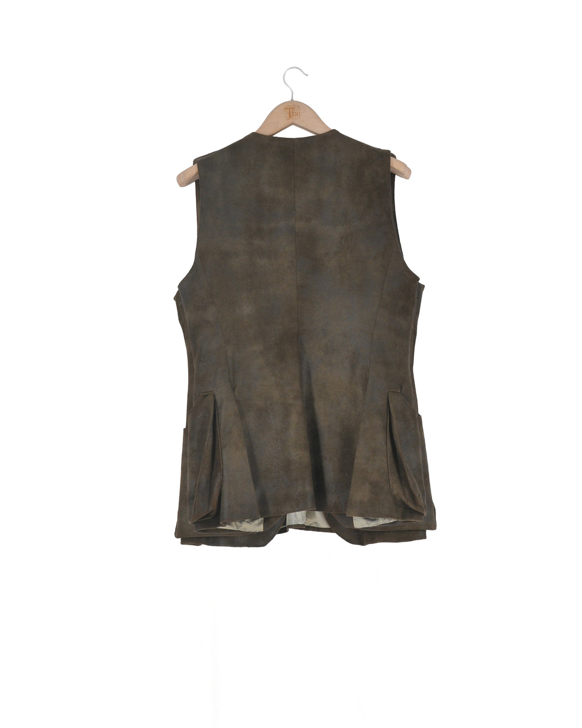 Back view of women's Gnu Shooting Vest in khaki faux suede with pleated utility pockets by T.ba