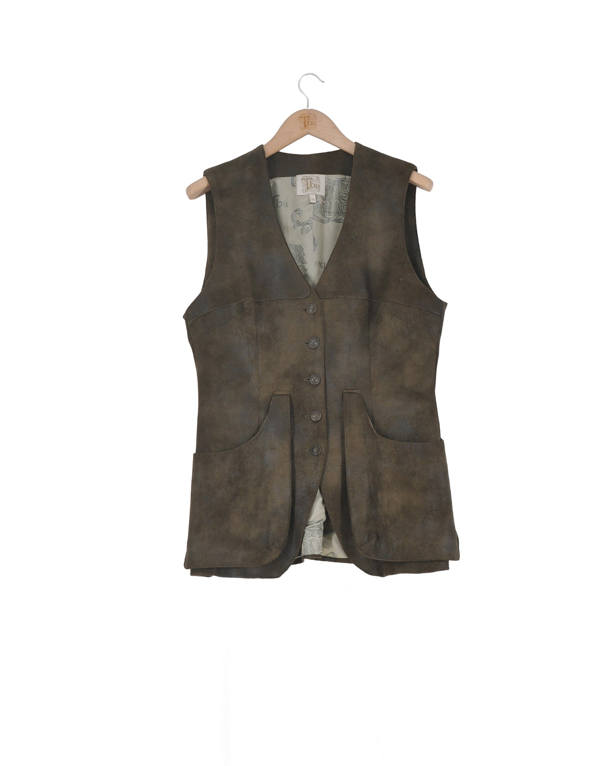 Front view of women's Gnu Shooting Vest in khaki faux suede with button front closure by T.ba