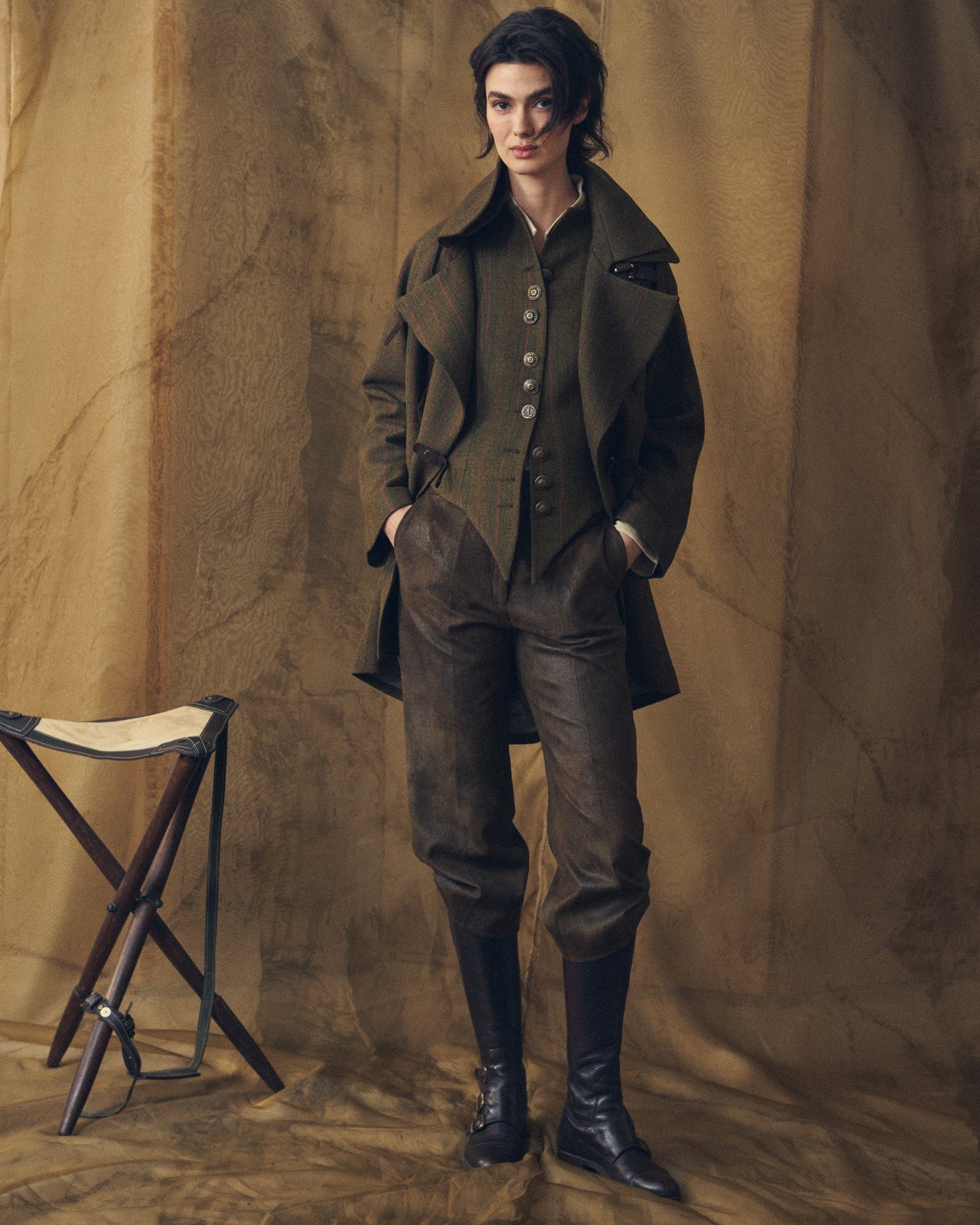 Front full-length view of the Jerez Biella Field Coat in khaki brown wool with red pinstripes for women by T.ba.