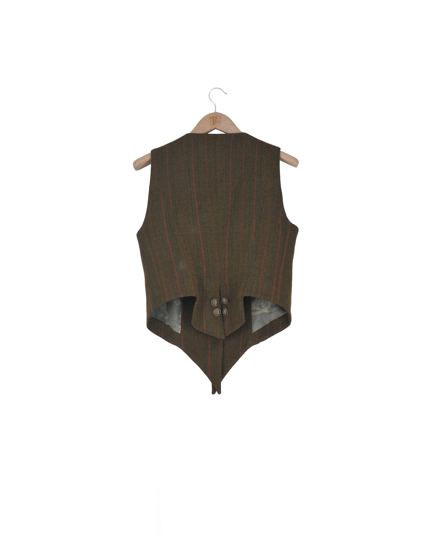 Back view of the Jerez Knit Short Baltea Vest in khaki pinstripe wool on a hanger showing the buttoned back detailing by T.ba.