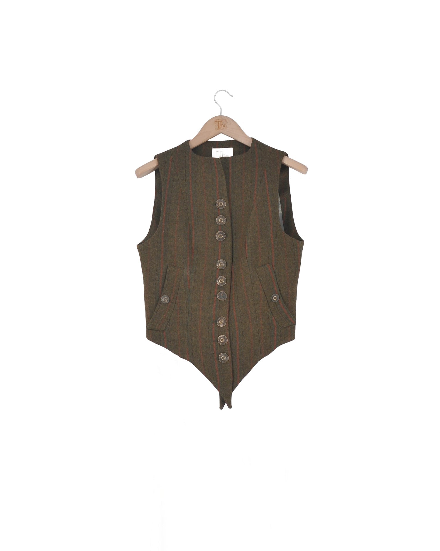 Front view of the Jerez Knit Short Baltea Vest in khaki pinstripe wool on a hanger highlighting the ornate gold buttons and tailored fit by T.ba.