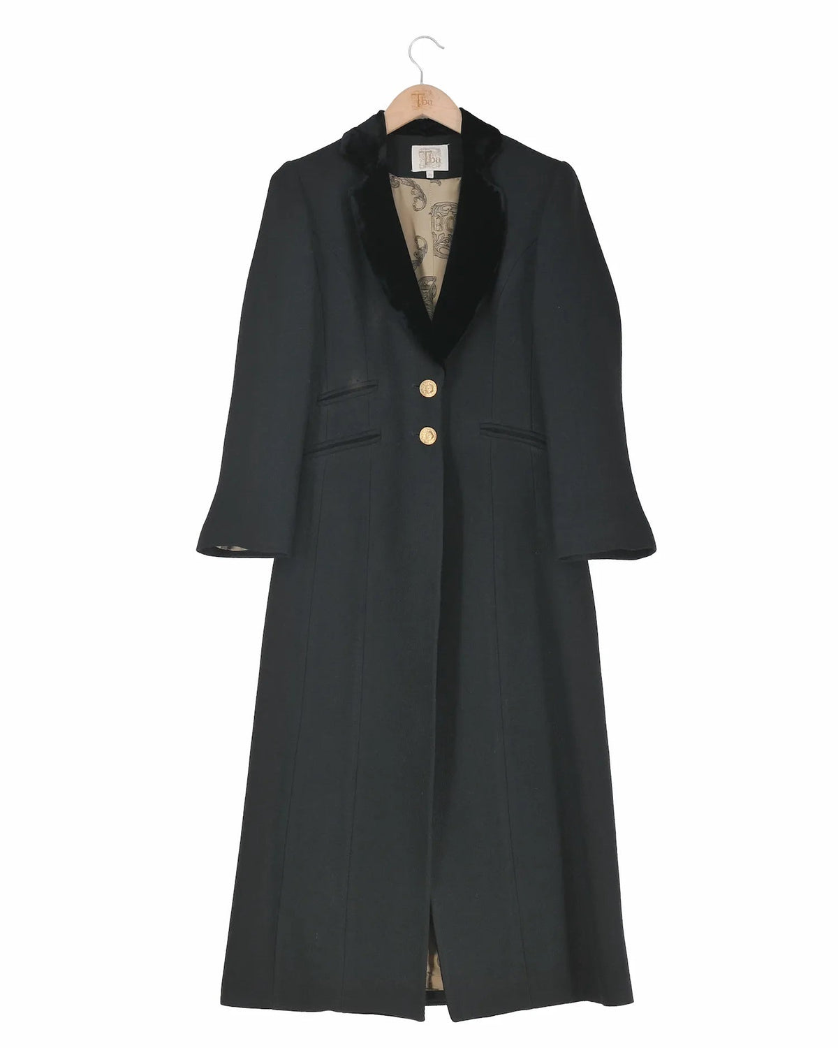 Women's Lancelot Combi Jerez knit long coat in black wool with black velvet lapels and gold buttons by T.ba